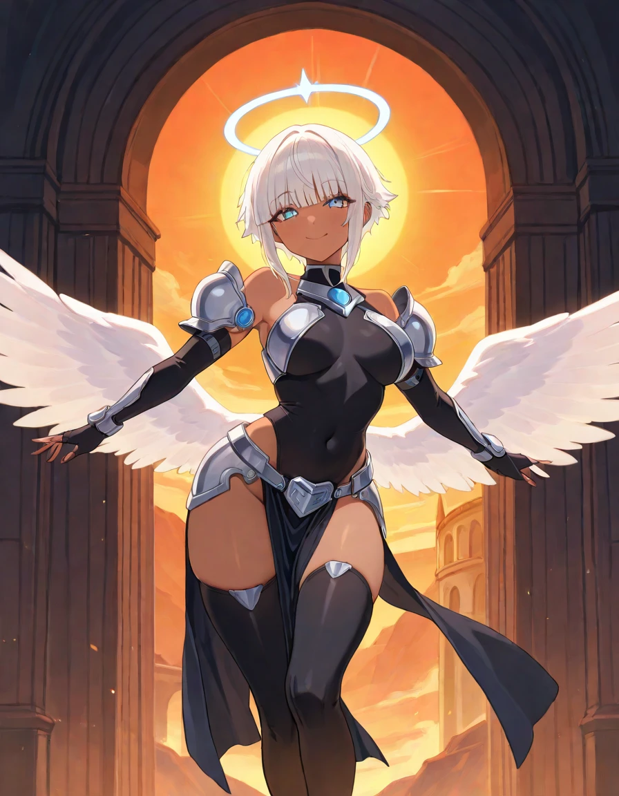fantasy, 1angel_girl,young_teen, ,silver_hair, short_hair, long_bangs, halo,bare_shoulder,thighhighs,silver_armor, waist_armor, large_breasts,half_eyes,1pair_wings, dynamic_pose_fighting,floating, bare_crotch, headgear,gauntlet, greaves,city_background,slightly_spread_legs, solo, groin_naked,tan_skin,hair_over_one_eye,