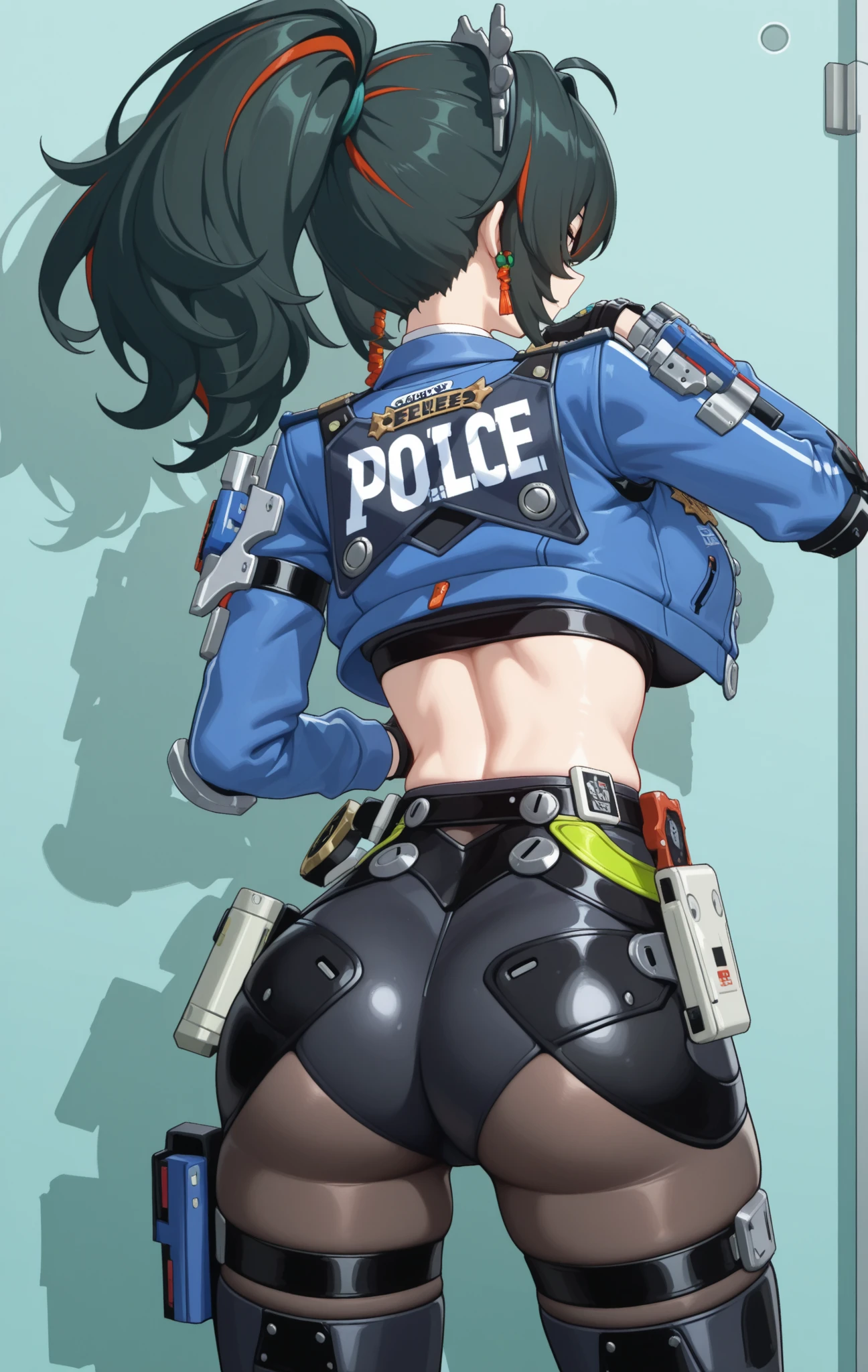 Imperial Guard Combat Uniform Swimsuit, o-ring bikini, v gundam, swimsuit, absurdres, highres, solo, cowboy shot, 1girl, neneka nibrou \(cosplay\), wristband, headphone, holster, backpack, holding gun, aiming, perfect hands, wind, (highres,best_quality,masterpiece), medium breast, hair ornament, Katia_Grignard, KatiaGrignard, black hair, madium hair, yellow eyes, (((from back, from behind, looking from back, view from back, ass)))