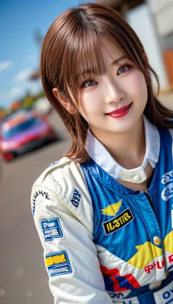 Highly detailed CG Unity 8K wallpaper, highest quality, Super detailed, masterpiece, realistic, photo realistic, Highly detailed cute girl, 25 years old, (whole bodyからつま先まで:1.4)、(whole body)、(whole body to toes)、(shot from the side)、(sitting on the hood of a car)、(lace queen)、(sexy pose）,
(Sponsored and wearing grid girl costume&#39;logo is printed.:1.3), (shorts) , (sitting in a motorsport race),   (cleavage), smile ,whole bodyショット ,(Side view)、(side shot)、(smile at the camera)、