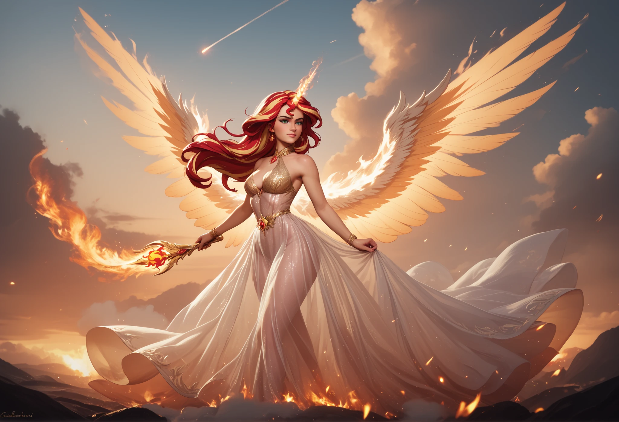 1girl, descending from the sky like an angel, Sunset Shimmer, daydream shimmer, wearing a long flowing dress, sheer silk dress, transparent clothing, clothes on fire, hair on fire, upswept hair, ethereal unicorn horn on her forehead, ethereal wings spreading out from her back, gentle expression, badass