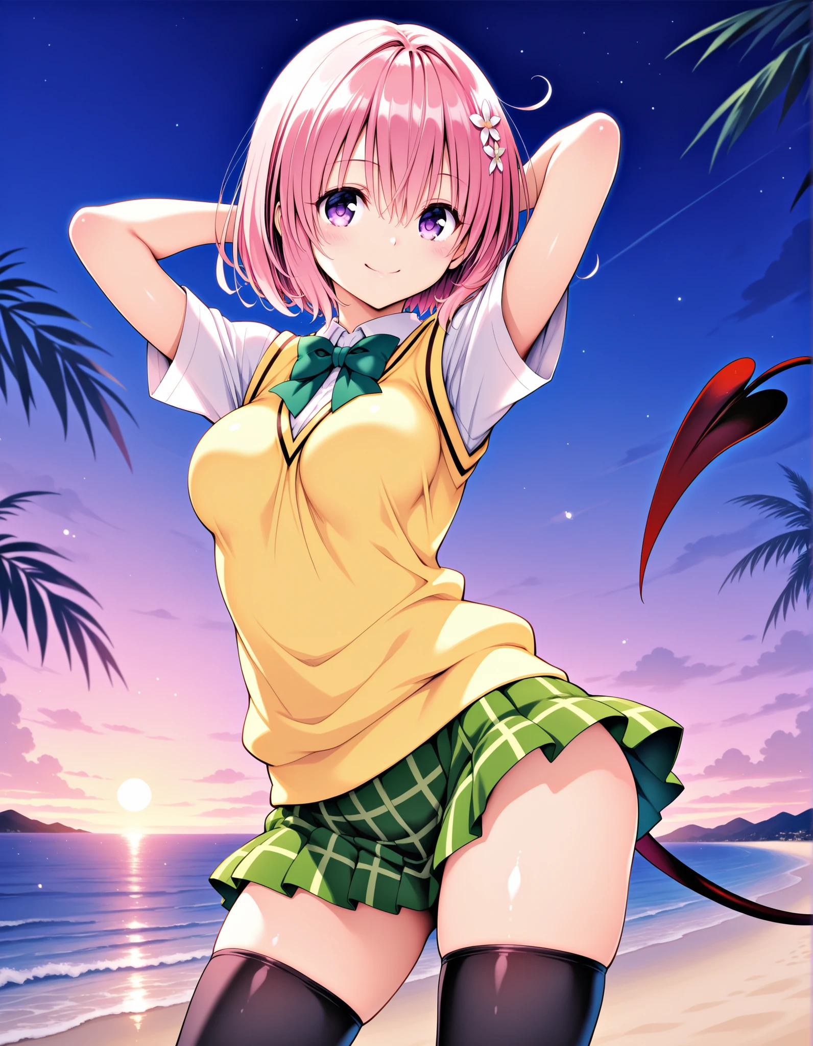 aamomo, short hair, pink hair, hair flower, purple eyes, medium breasts, demon tail, school uniform, green bowtie, white shirt, sweater vest, yellow vest, short sleeves, plaid skirt, green skirt, black thighhighs, shiny skin, high quality, solo, three-quarter cowboy shot, (contrapposto), hands behind head, closed mouth, night sky, beach, looking at viewer, smile, best quality