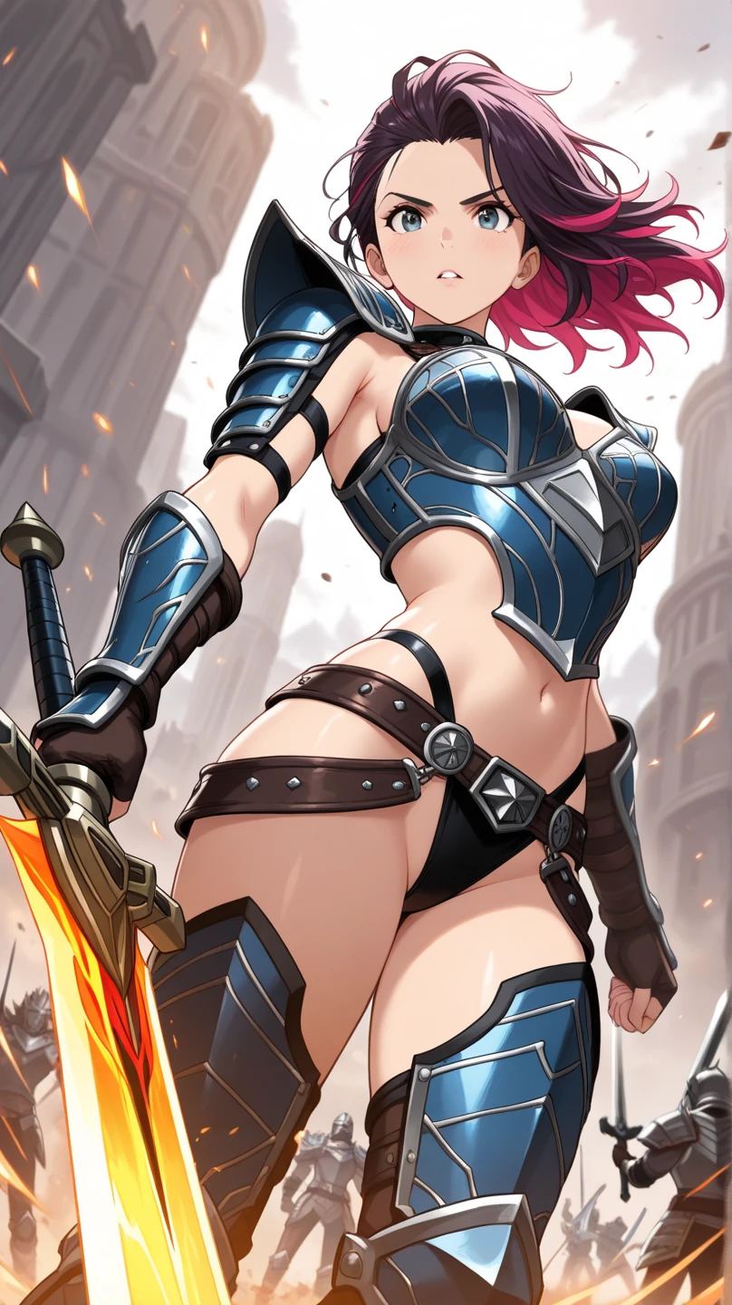 最high quality、best image quality、masterpiece、age girl((18-year-old、 By becoming、vest bust、medium bust,wide open breast tea、black eye, gray hAria、long hAria、thin,highest valley、Black Battlesuit、white arm parts、white leg parts、Holding a big sword、Glowing red wings,Aria、splatters、fighting pose)),high quality、beautiful art、background((outer space、battlefield、splattersing beams、military base))Rubble splatters、Depth of written boundary、movie、visual art、perfect art、8K,genuine