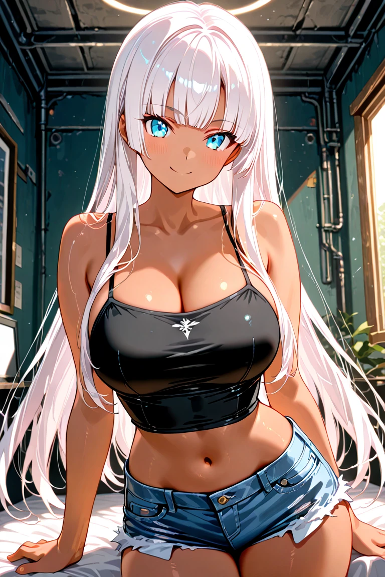 nsfw:1.6, body has two arms, two legs and one head, (Each hand and toe has a thumb, index finger, middle finger, ring finger, and pinky finger.),Top quality:1.2, best quality:1.6, ultra high resolution, masterpiece:1.5 ,4K, 8K, 32K, detailed lighting, shaders, perfect anatomy, perfect proportions, highly detailed, ultra detailed, super detailed:1.2, perfect eyes, perfect face, very delicate and beautiful, illustration, sharp focus, very beautiful and detailed anime face, very detailed eyes, cute:1.4, impressionistic:1.2, blurred background, accurate depiction of arms and hands:1.4, accurate depiction of foot:1.4, Accurate human skeleton drawing:1.4, Anatomically correct human body:1.4,sexually attractive body:1.5,
BREAK
(Beautiful busty woman about 20s:1.1),(blue-green eyes),(dark skin:1.6), (tan lines:1.2),(Perfect proportions: 1.6), (Small pink nipples:0),(covered nipples:0.5),(full and beautiful breasts: 0.8), (well developed breasts: 0.6), (Thin waist: 1.2), (Slender figure: 1.2), (beautiful buttocks:1.1),(Neatly trimmed pubic hair:0),(natural breast:1.1),
BREAK
(Beautiful blonde hair: 1.6),( shiny Shoulder-length semi long straight hair :1.6),(Bangs swept to the side, showing forehead: 1.5),
BREAK
(Calm smile:1.5), (embarrassed:0.8), (blush:1.5),(pink lipstick),
BREAK
((Black) sleeveless tight T-shirts:1.6), BREAK (white short hot pants:1.4), BREAK (white sneakers:1.2),
BREAK
(naked:0.3), (shiny skin:1.3),(White choker:1.6) ,(necklace, bracelet, anklet: 1.3),( very realistic depiction of skin texture:0.4),(realistic nipples texture:0),
BREAK
(Seducing: 1.5),(profile:0.2), (looking away:0.5),
BREAK
(from front:0.2),(from below:0.5),
BREAK
(Grassland on the cliffs of Inishmore Island in Ireland), (breathtaking Blue sky peeking through the clouds), (traditional Irish house in distance),(gravel path:1.2),