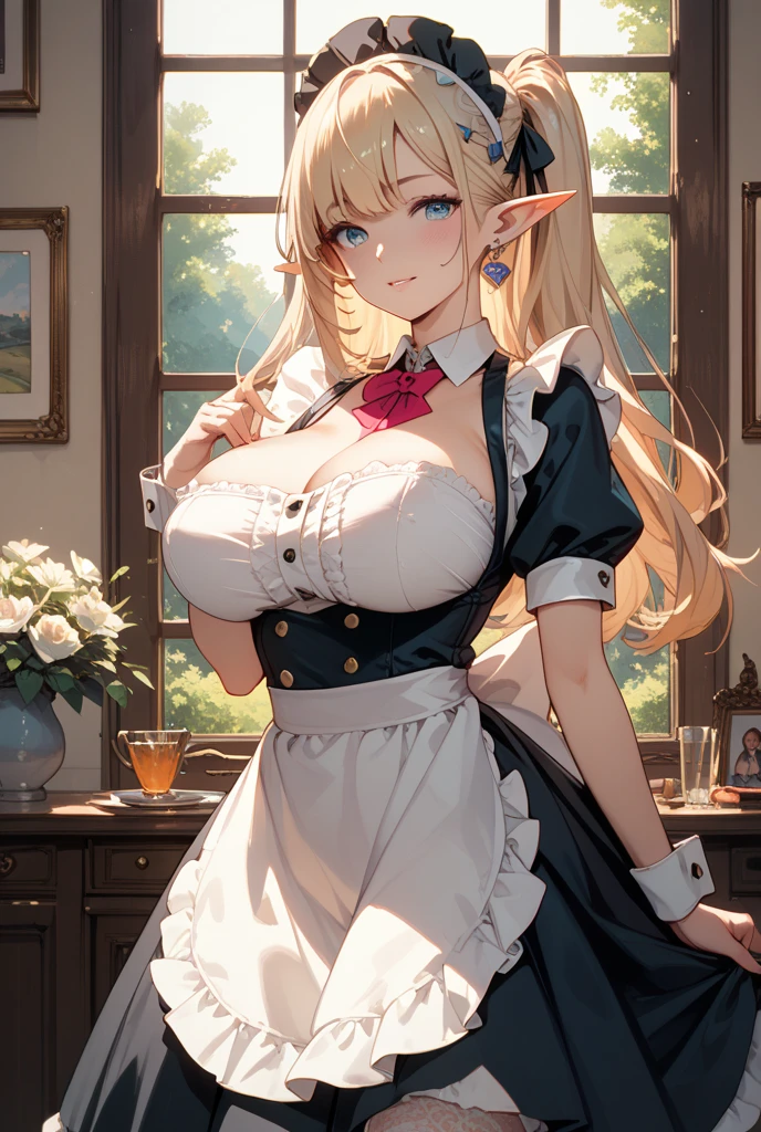 (Disdainful look:1.2),1girl,glasses,maid,elf,yellow eyes,disdain,evil,garters,large breasts,pointy ears,looking at viewer,long hair,blonde hair,expressive hair,clothes lift,best quality,Amazing,masterpiece,delicate,ultra high res,ultra detailed,8K,sharp focus,Lift up your skirt,Expose,Expression of disdain,I want you to show me your underwear with a disgusted look on your face