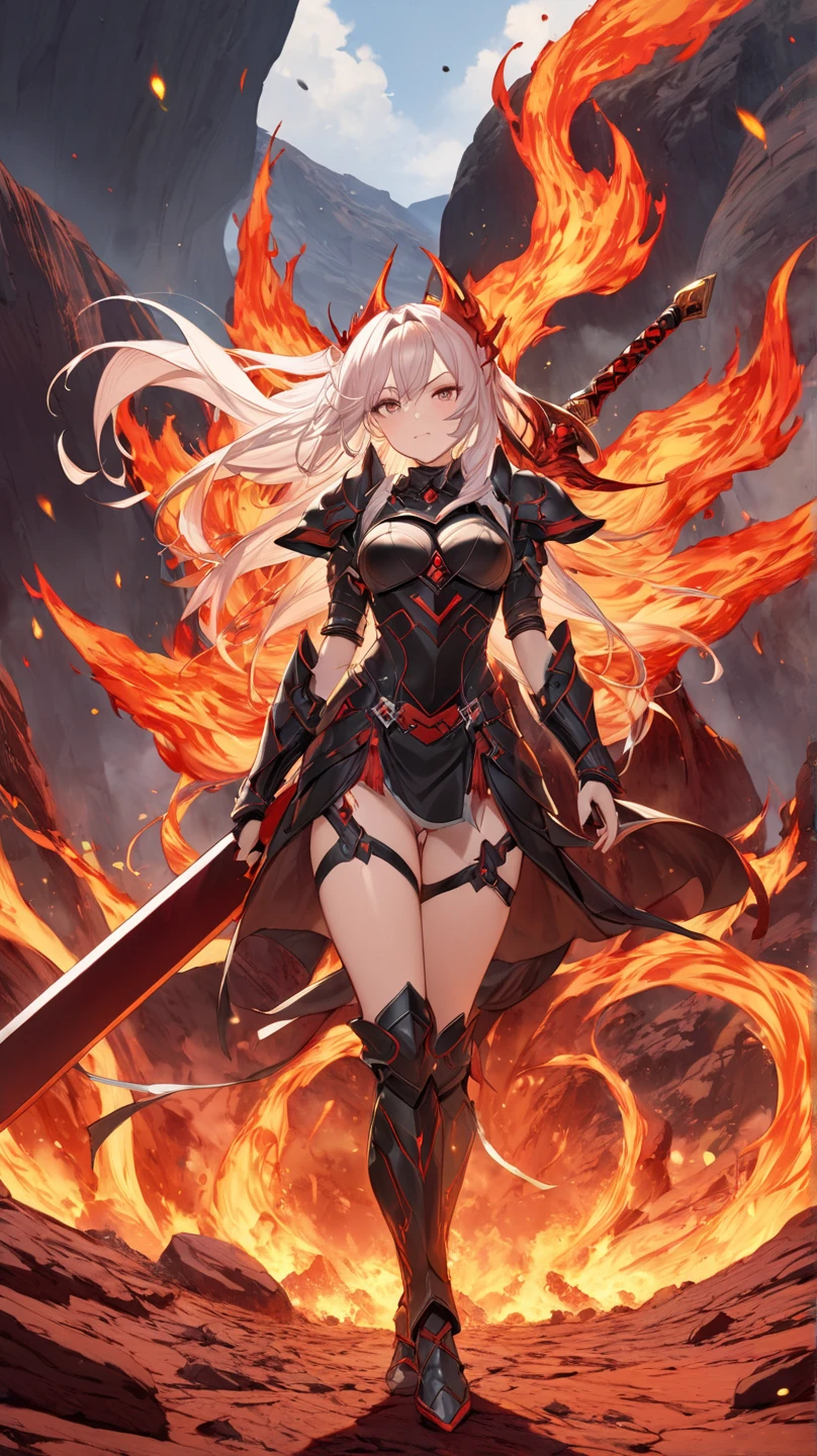masterpiece, 8k, best quality, highly detailed, a warrior wielding a large curved sword covered in flaming blood that requires both hands to use