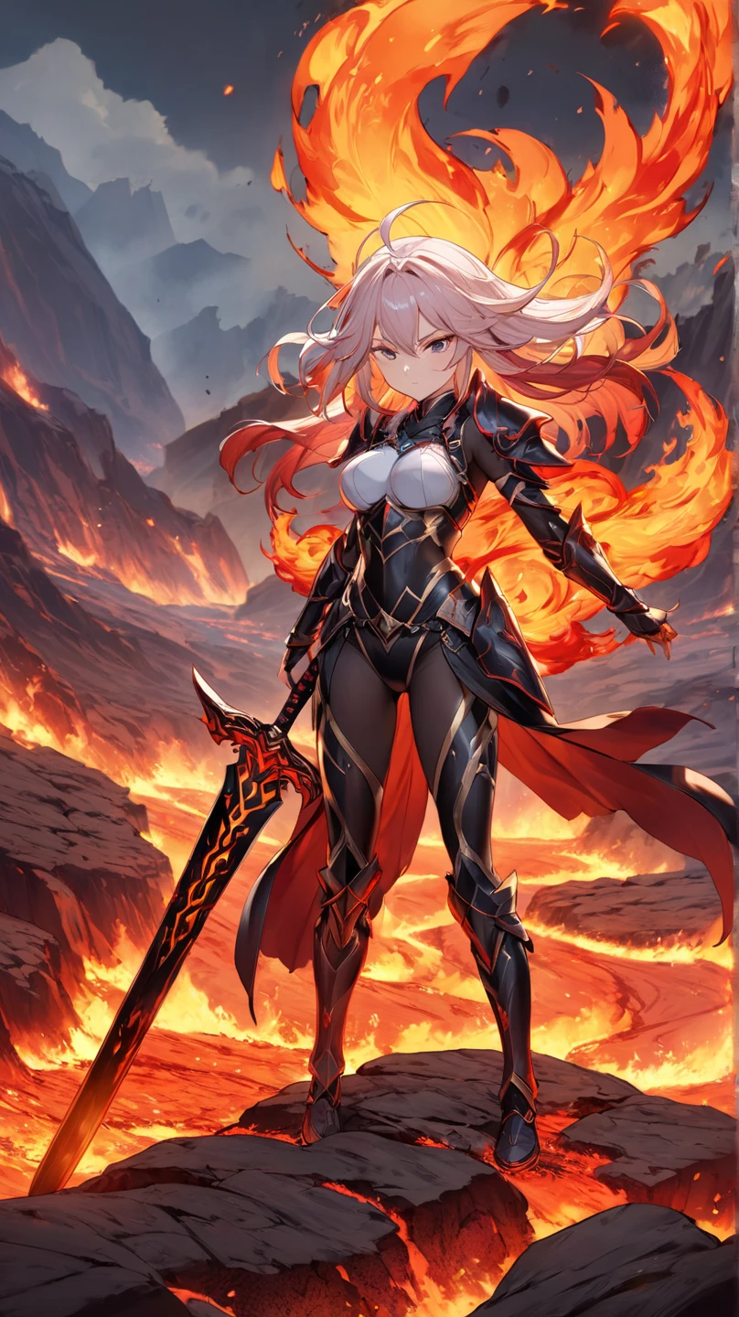 (Best Quality, High resolution), ultra detailed, realist, Dragon Knight, portrait, Red-haired girl with long flowing hair, big breasts, wearing armor, Holding a long spear, Standing tall from head to toe, Against a fiery backdrop, vibrant colors, dramatic lighting, intricate armor details, intense expression, Fierce and resolute eyes, Delicately painted features, Capturing the girl's strength and beauty, Showcasing her heroic qualities and connection to the mythical dragon, dynamic pose, strong and confident posture, Highlighting her warrior spirit, Epic and breathtaking scene