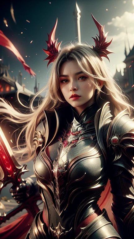 a princess with red and gold sumai armor, shougan armor, holding a long katana, glassy yellow eyes, blonde long hair, fighting with many monsters, epic, landscape view