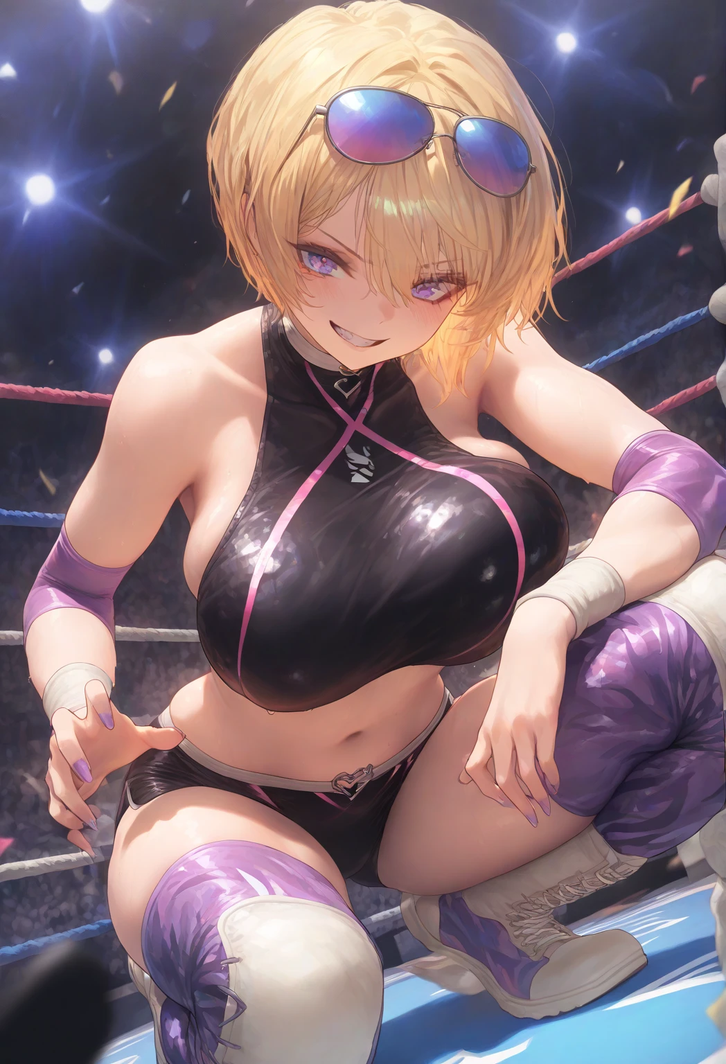 High resolution,Sharp focus,(Super detailed,Very detailed),(Very detailed CG unity 8k wallpaper),(((Vibrant colors))), Complex eyes,Beautiful fine details,Symmetrical eyes,Big eyes:1.5,Seductive eyes,Camel Toe,erection of nipple, One Girl,Blonde,Shiny Hair,short hair,hair band,Brown eyes,teenage,cute, very shiny 肌,Shiny body,plastic glitter 肌,exaggerated shiny 肌,illuminated skin, Big Tits,glamorous,Tight waist,Long legs,curve,Cleavage,erotic,Bold,Revealing clothing,show 肌, Invisible Light, Amazing shine, Neon pink glow, The colors of another world,Bright colors, gran blue fantasy,Wrestler,(wrestling wear),(Shiny white and pink leotard),Pink ribbon on the back of the head, The abdomen and buttocks are made of see-through tights fabric, Dark brown boots,Dynamic Pose, sweat,Dripping water,My whole body is wet,humid,An illegal gambling den where rich thugs gather,multiple Villain in the Arena, {{crowd}},Dangerous Underground Arena,Sandy ground,Slimy wall,Mysterious atmosphere,dim,Spotlight,Upper roundhouse kick,
