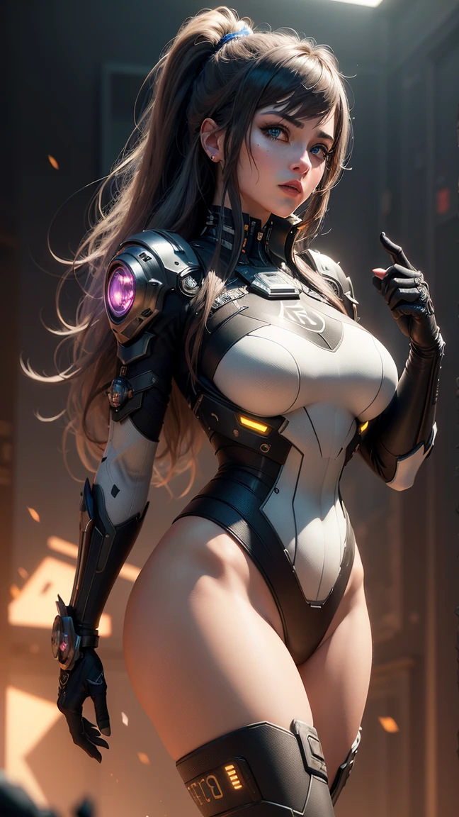 A young pretty woman with a tight futuristic armored suit, pretty face, long curly hair, standing in a devastated city, sexy pose, cameltoe, earrings, seminude, looking_at_camera