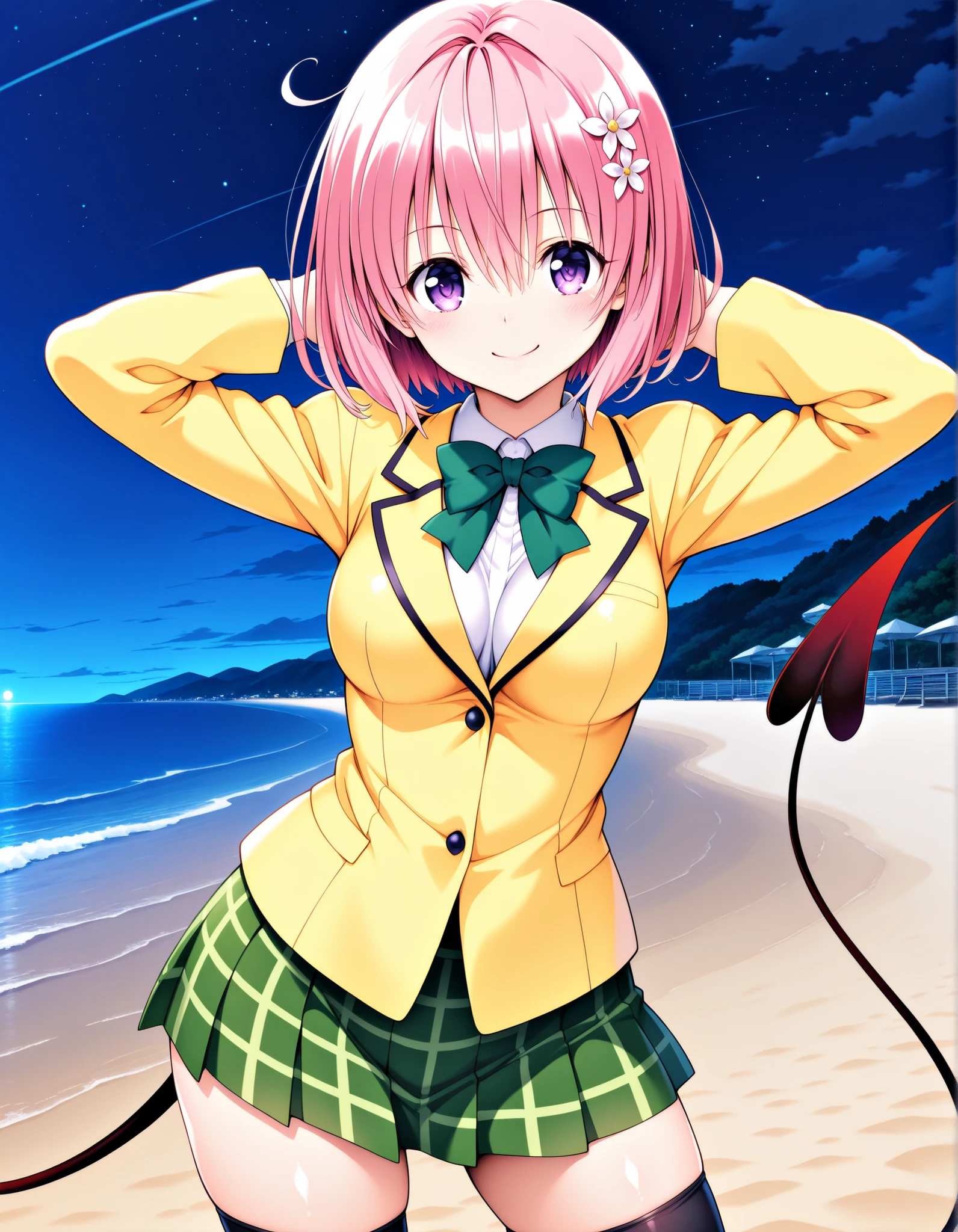 aamomo, short hair, pink hair, hair flower, purple eyes, medium breasts, demon tail, school uniform, green bowtie, white shirt, blazer, yellow jacket, long sleeves, plaid skirt, green skirt, black thighhighs, anime screencap, shiny skin, high quality, solo, three-quarter cowboy shot, (contrapposto), hands behind head, closed mouth, night sky, beach, looking at viewer, smile, best quality