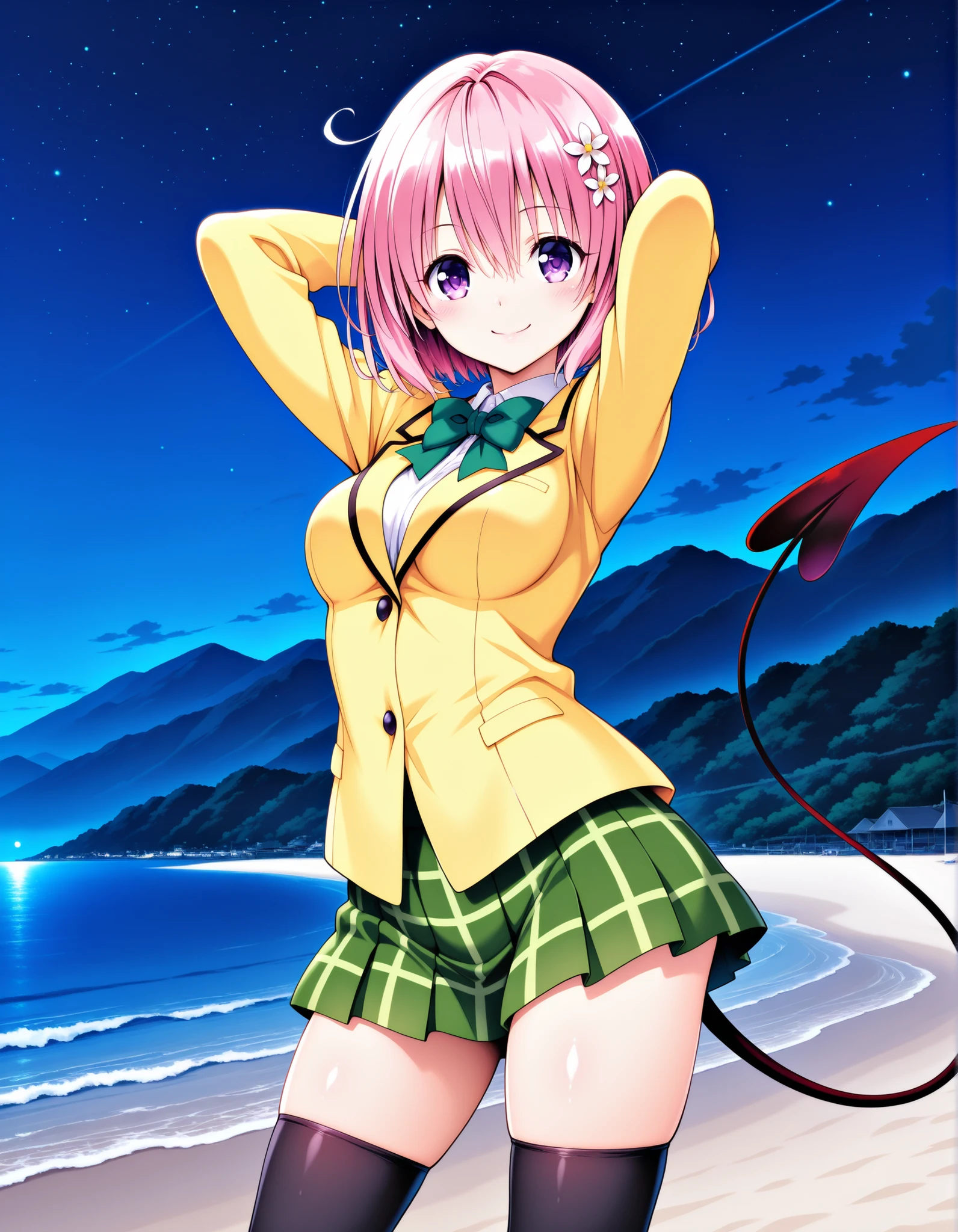aamomo, short hair, pink hair, hair flower, purple eyes, medium breasts, demon tail, school uniform, green bowtie, white shirt, blazer, yellow jacket, long sleeves, plaid skirt, green skirt, black thighhighs, anime screencap, shiny skin, high quality, solo, three-quarter cowboy shot, (contrapposto), hands behind head, closed mouth, night sky, beach, looking at viewer, smile, best quality