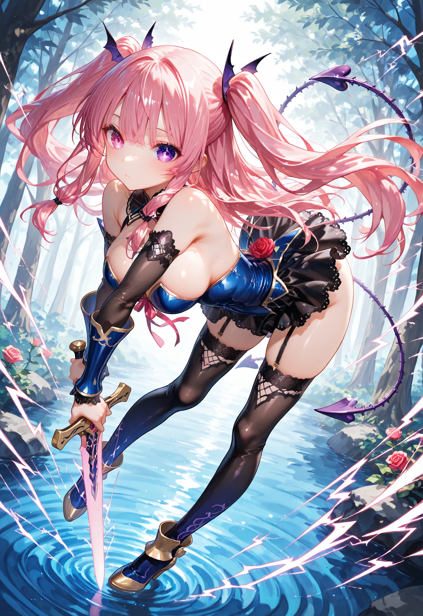 A pink haired female trapeze factory with violet eyes is flipping through the air.