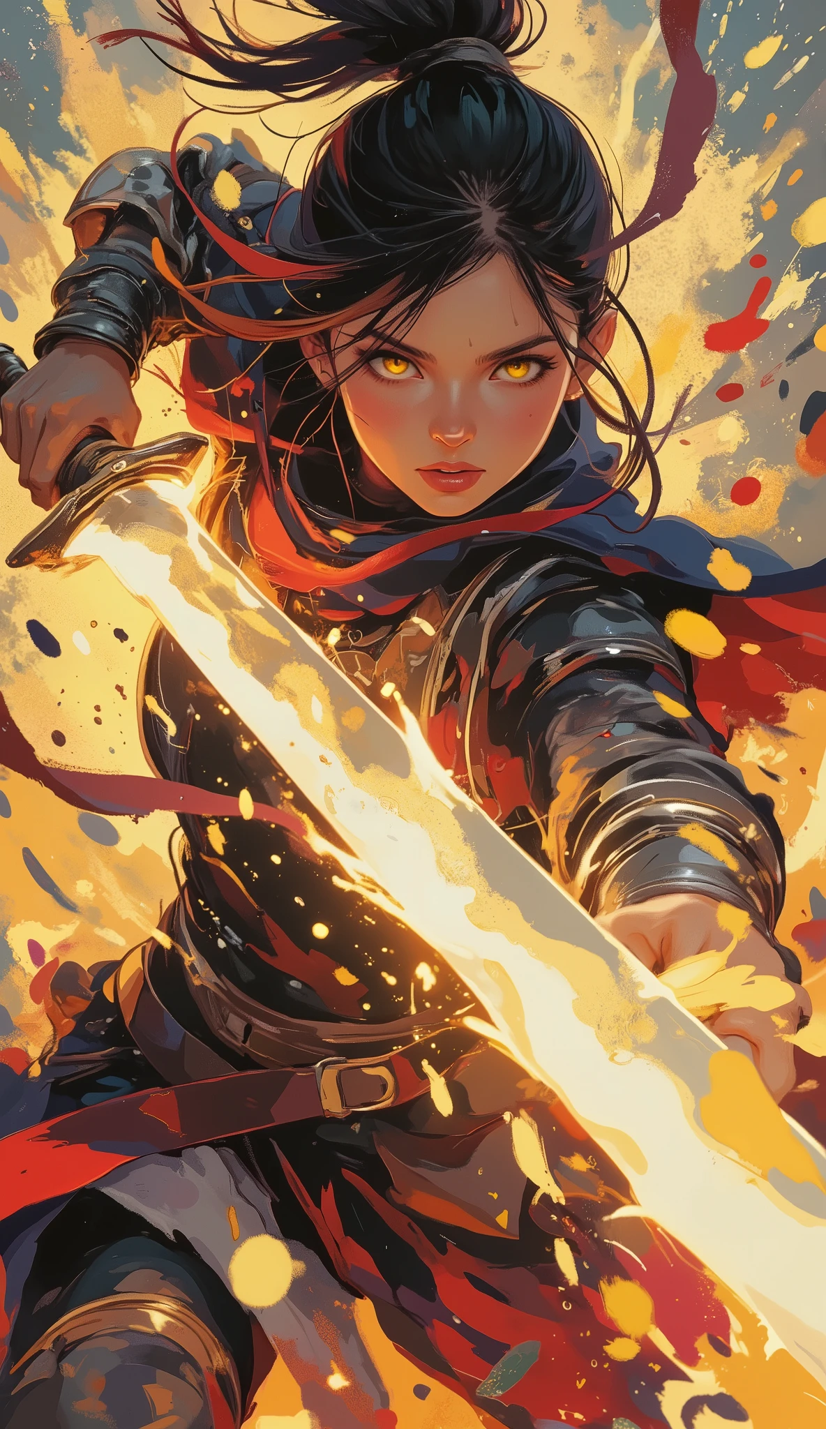 acrylic paint style, dynamic close-up of a fierce female warrior mid-swing, slashing forward with a massive glowing greatsword, intense expression, wind-swept hair, motion blur and flying paint strokes, cinematic angle from below, sharp glowing eyes locked on target, background blurred with splashes of red and gold, painterly texture with thick brushwork and vivid color contrast, epic and intense moment, best quality, full emotion