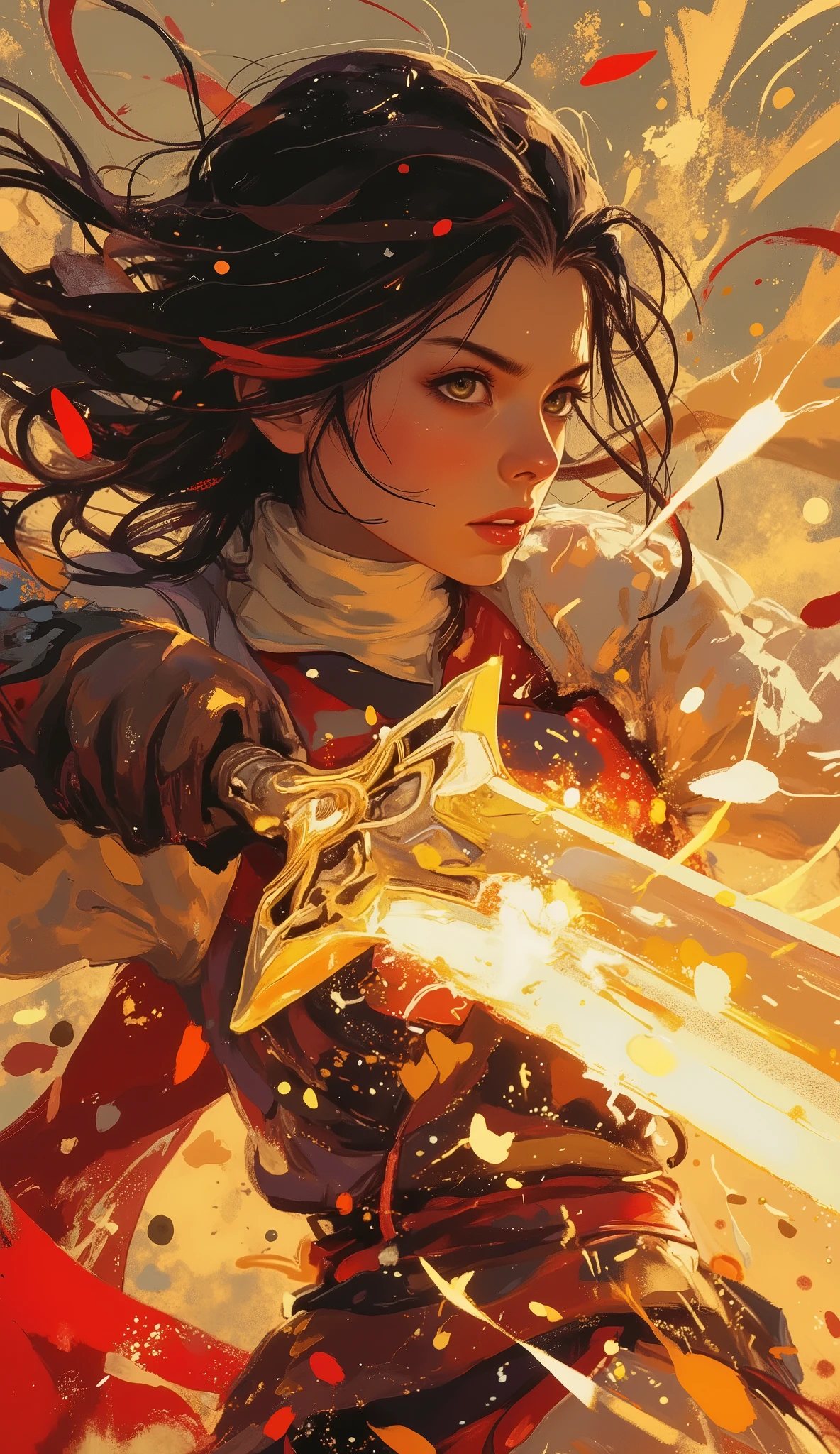 acrylic paint style, dynamic close-up of a fierce female warrior mid-swing, slashing forward with a massive glowing greatsword, intense expression, wind-swept hair, motion blur and flying paint strokes, cinematic angle from below, sharp glowing eyes locked on target, background blurred with splashes of red and gold, painterly texture with thick brushwork and vivid color contrast, epic and intense moment, best quality, full emotion