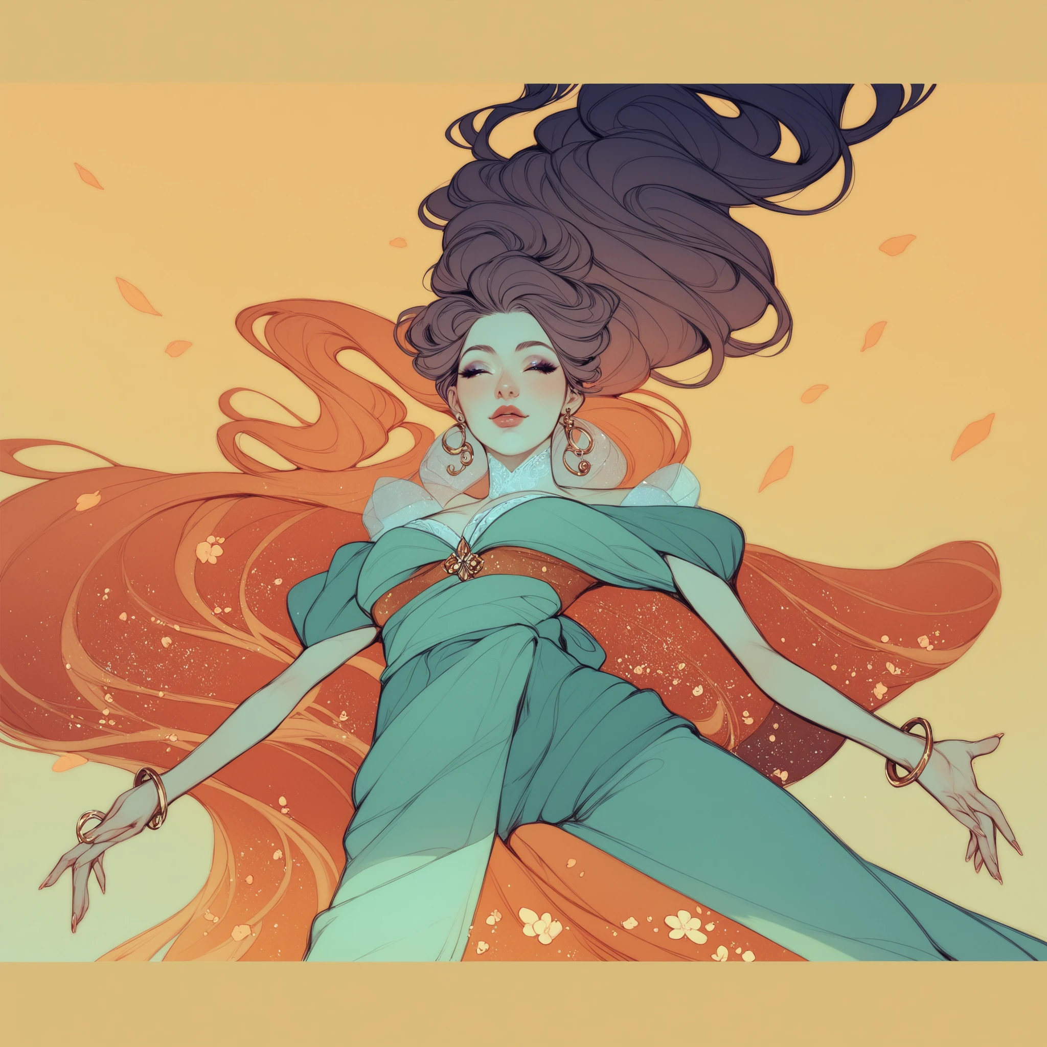 a beautiful girl in free fall, Serene and calm expression, long flowing hair