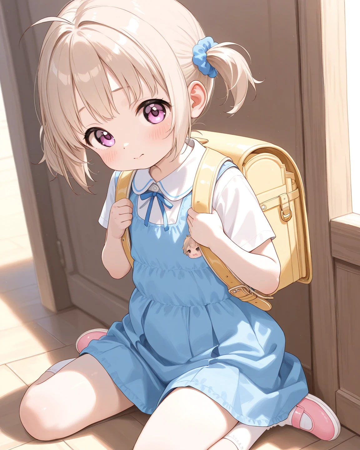 Japanese,10 years old,Innocent face,Teenage Girl,cute,Primary school students,Private elementary school,uniform,Carry a school bag,Summer clothes,Sitting.During sex、