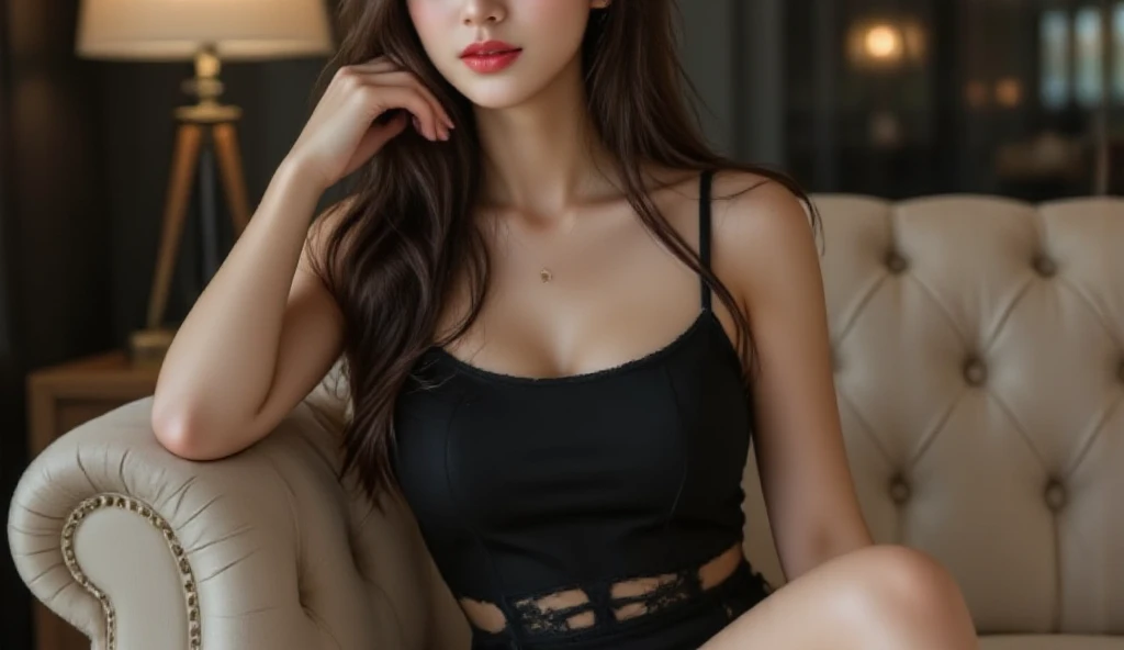 Beautiful girl, secretary, in a classic costume, in a blouse with an open, deep neckline