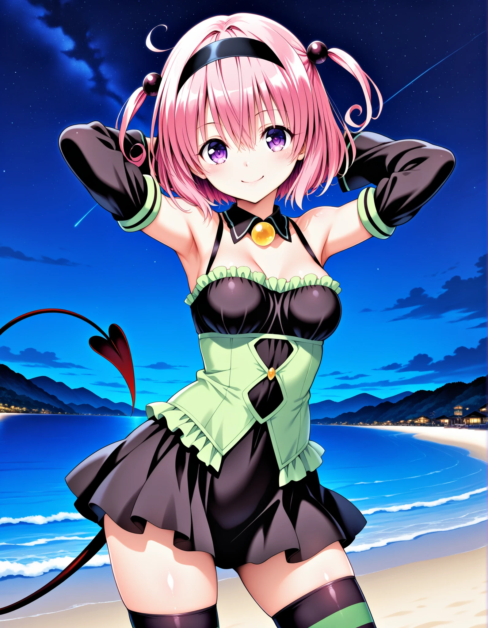 aamomo, short hair, pink hair, two side up, black hairband, purple eyes, medium breasts, demon tail, detached collar, bare shoulders, frills, black dress, green shirt, detached sleeves, striped thighhighs, anime screencap, shiny skin, high quality, solo, three-quarter cowboy shot, (contrapposto), hands behind head, closed mouth, night sky, beach, looking at viewer, smile, best quality