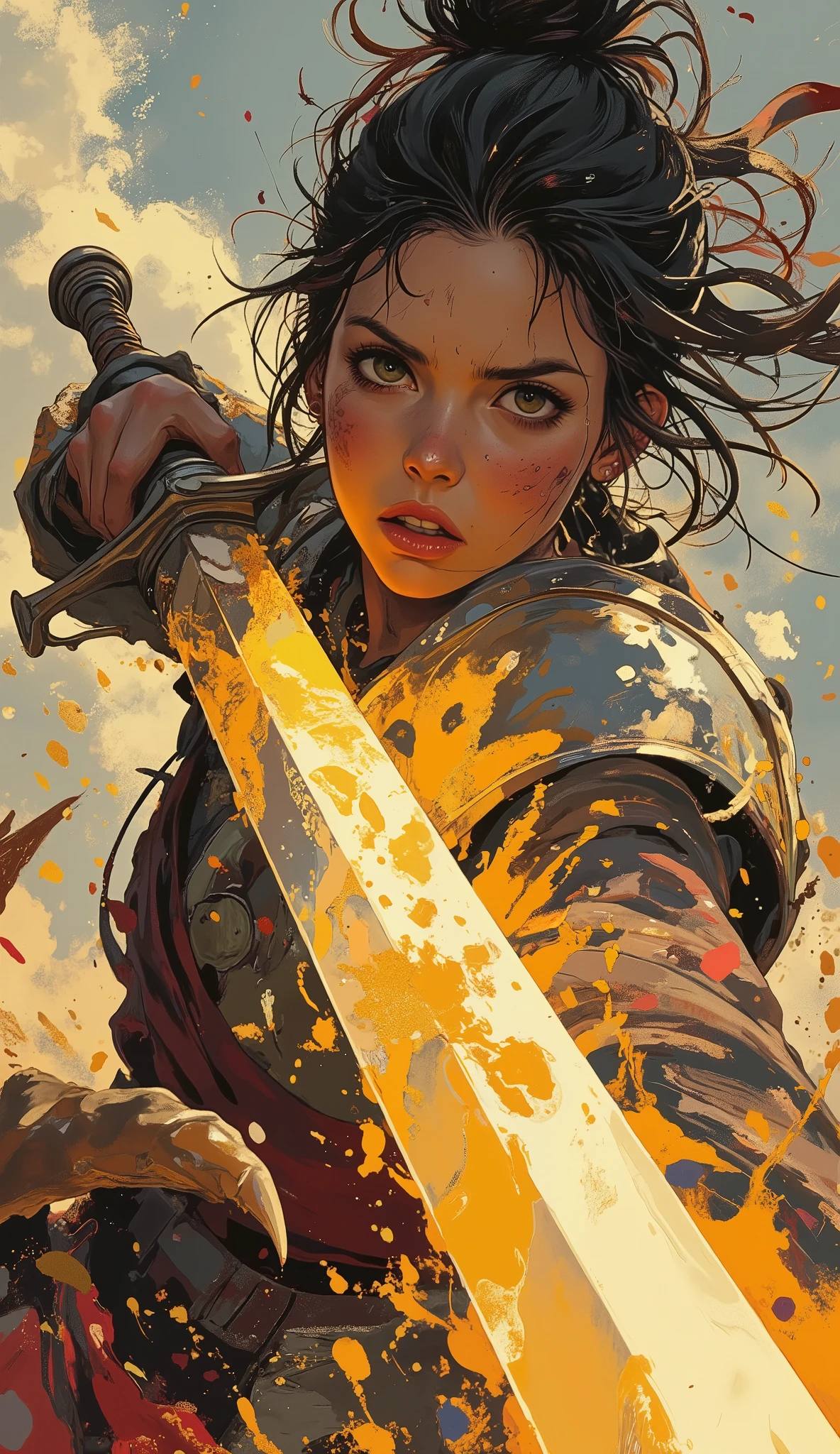 acrylic paint style, dynamic close-up of a fierce female warrior mid-swing, slashing forward with a massive glowing greatsword, motion blur and flying paint strokes, intense expression with a scar on her cheek and muddy face, wind-swept hair, glowing slash effect trailing behind the sword, cinematic angle from below, opponent monster's claw reaching into the frame from the edge, background blurred with splashes of red and gold, vivid color contrast, thick expressive brush strokes, painterly texture, ultra-detailed, full emotion, best quality