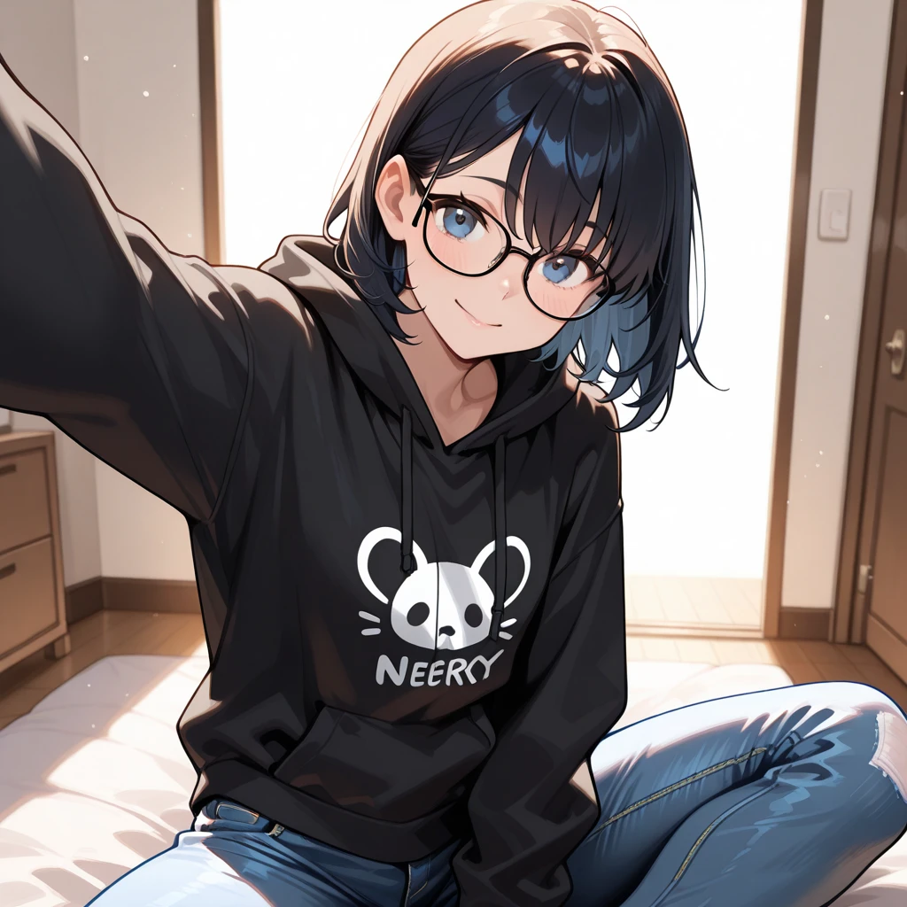 nerdy,(masterpiece,best quality,highres,ultra_detailed:1.2),
1girl,solo,flat_chest,petite,detailed_face,ahoge,detailed_eyes,
(short_chopped_hair:1.5), (cat_ears:1.1), (black_hoodie,oversized:1.2),choker,long_bangs,(hood_down),glasses,denim_shorts,
(detailed_background),outdoors,landscape,sunrise
<lora:nerdy_fc_v1.0.safetensors:0.7>