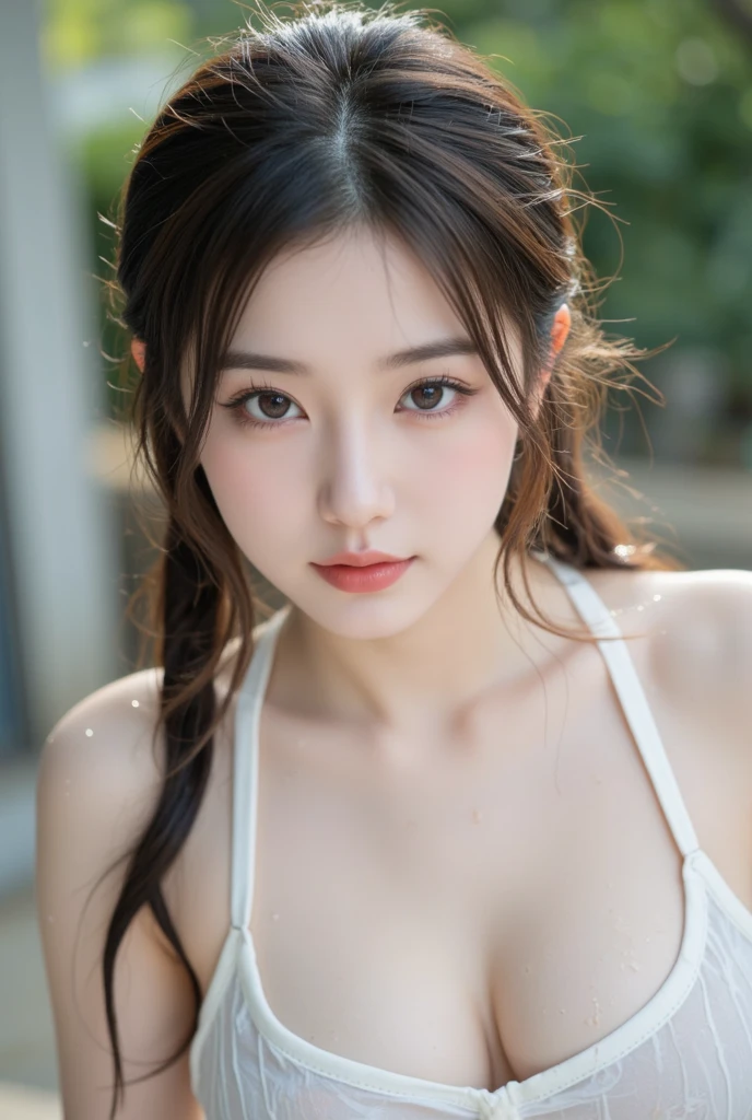 (((Upper body shot,Close-up photo)))、(((long hair,Bun hairstyle)))、(((Rainy Day,get wet)))、(((White summer chiffon shirt,get wet雪紡衫)))、18 years old、angry、girl、Plump breasts、Point on chest、Penetrating breasts、Showing nipples、Light eye makeup、Ultra-realistic faces、High resolution 16K、Skin texture must be natural、Use natural light and color、 High-quality photos taken by model agencies.