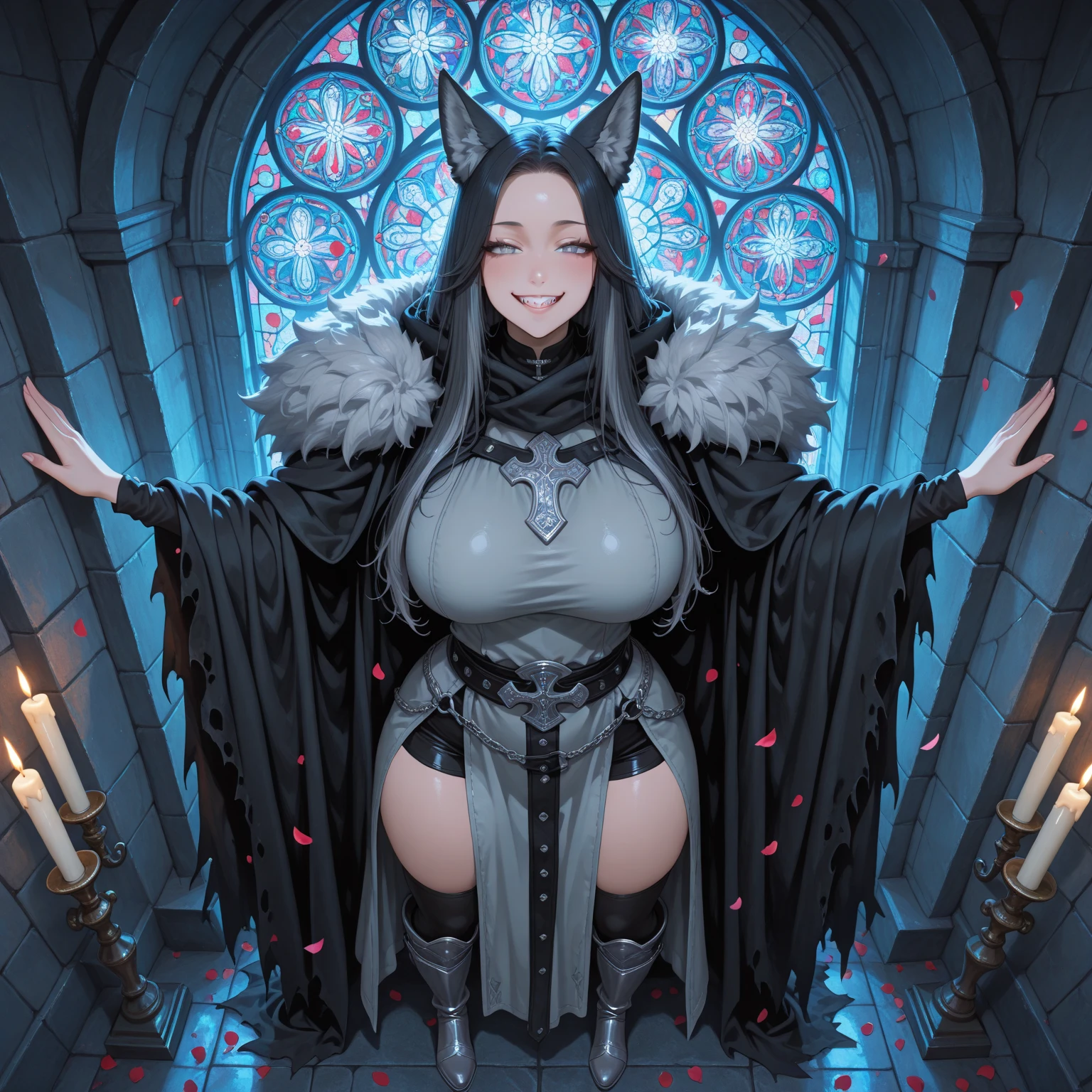 Mature woman, tanned skin, black cat ear, black cat tail, black bob hair, white-black eyes!!!, sexy white kimono, authoritarian look. (White cathedral interior)