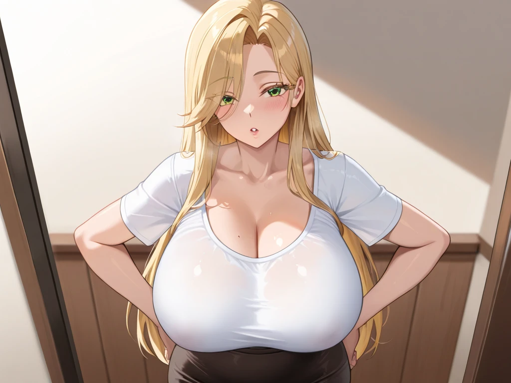 (best quality:1.5, highres, UHD, 4K, detailed lighting, shaders, HDR, hand depiction, anime style), blonde long hair, large breasts, milf, mommy, slanted eyes, white queen's gown, necklace, bracelets, cleavage, body curves, sexy, erotic, lewd, standing, smiling, palace background, head out of frame, close shot