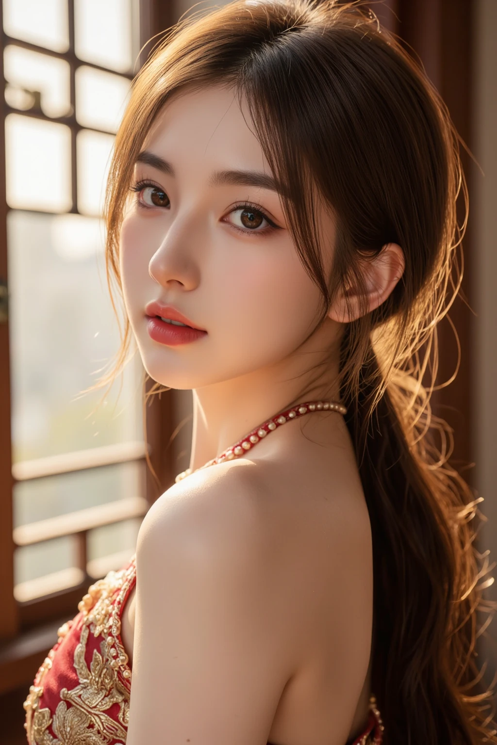 ((A beautiful woman in a red lingerie)),Body Portrait、8K,Eyes in Beautiful Details,dingdall effect、masterpiece, top-quality, hightquality, hight resolution、hyperdetailed photo、(natural skin textures、Detailed skin、Hyper-Realism、ultra sharpness)、high-detail skin、(ighly detailed、detailed skin textures、intricate detailes、beautiful expression、(Lifelike face)、realisticeyes、beatiful detailed eyes、real looking skin、Beautiful skins、A hyper-realistic、ighly detailed、the golden ratio、With smiling eyeoonlight background at night))、Body Portrait、(Curly hair in braids、Bun1),big breasts, cleavage , full body