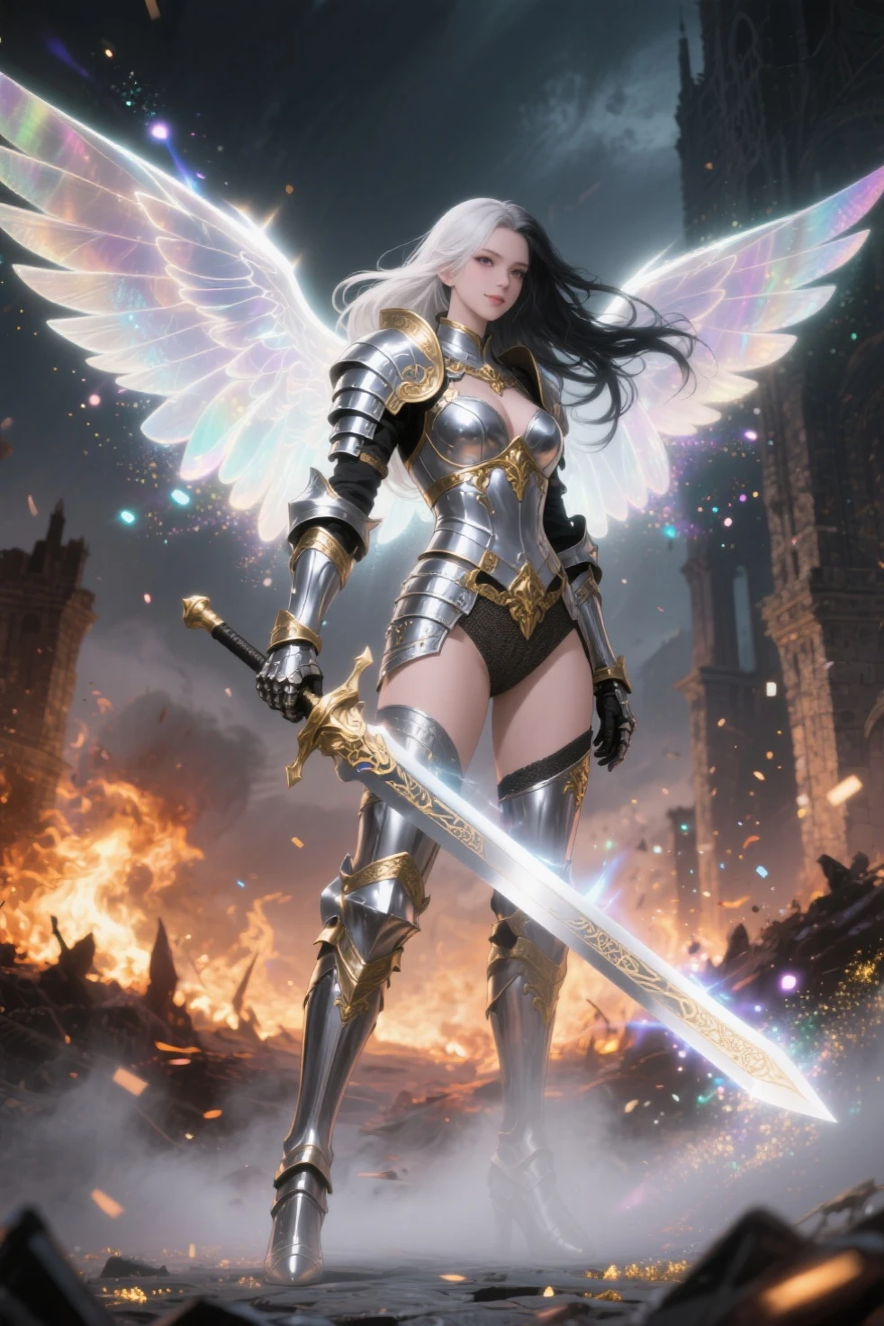 "An imposing paladin wielding a sword imbued with radiant light, emanando magia de luz potente. A cena se passa em uma paisagem urbana sombria e misteriosa, Iluminado pelo brilho da espada do paladino. The composition is expertly crafted, with breathtaking attention to detail and cinematic lighting. The overall aesthetic is reminiscent of Fujifilm photography, capturando a beleza e a profundidade da cena."