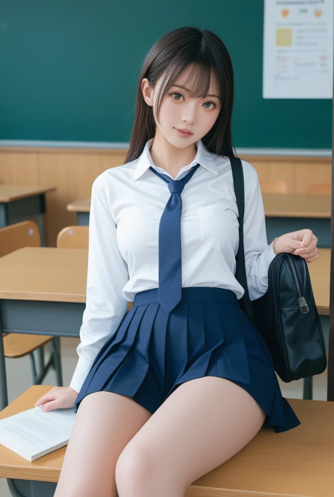 1girl in、(Super beautiful)、(beauitful face:1.2)、(Clear pubic contours),(spreads her legs)、(tie up with rope:1.4)、Classroom chairs、high-school uniform、Dark blue pleated skirt、(white panties)、(At SFW:1.1)
