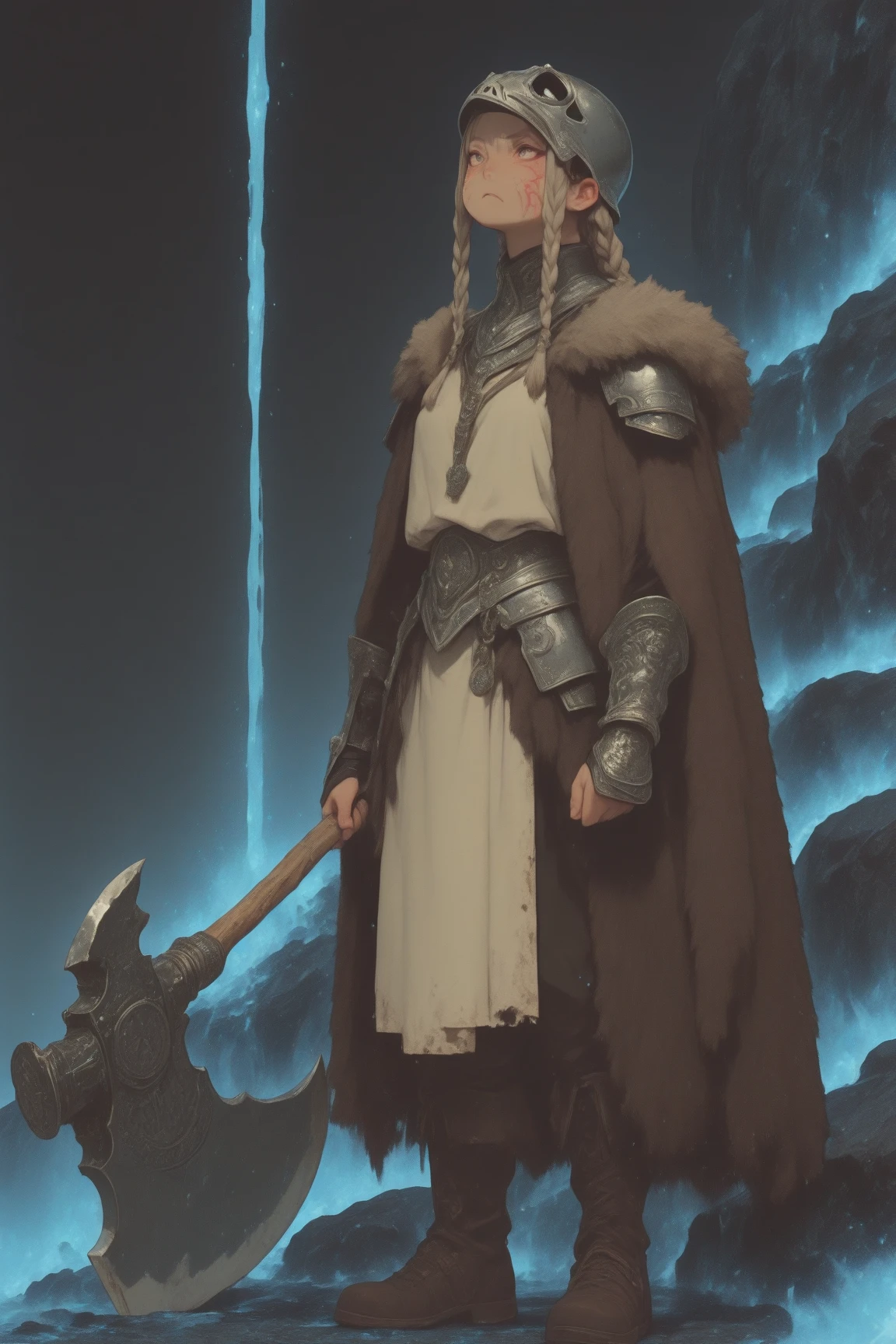 Big Axeを持つ華奢な女闘士(Viking),Although she has a slender figure,、A pose that exudes the strength and confidence of a warrior,自分の背丈ほどの巨大なBig Axeを杖のようにして立っている,Viking風の衣装（Fur or leather、Metal Ornaments、A simple tunic or cape）,大きな戦斧はVikingの象徴的な髭斧で装飾のある斧,長いbraids編み込みヘア,A headband or small helmet,the exposure is modest,Designed with ease of movement and practicality in mind,Carved runes or Nordic motifs on the axe handle,Use animal fangs or bones as part of her outfit,Metal clasps,A frozen forest background that represents a cold climate,To emphasize her slender figure、her armor is light and focused on shoulders and arms、legs,Add scars or mud stains on the cheeks to create a warrior-like look,Slender female warrior,Viking風,Big Axe,Fur costume,braids,Nordic style,Contrast,Staple female warrior stabbing her axe into the ground,背景や小物でVikingらしさを強調して下さい, RPG Character Art ,Extremely detailed character, fantasy style,ＲＰＧfull standing posture,Video game character art  , Very Detailed Line Drawing, full body,James Jean Soft Light 4k, James Jean Softlight 4k, A fantastic anime that feels like a dream, lo-fi anime vibes, Reusch art style