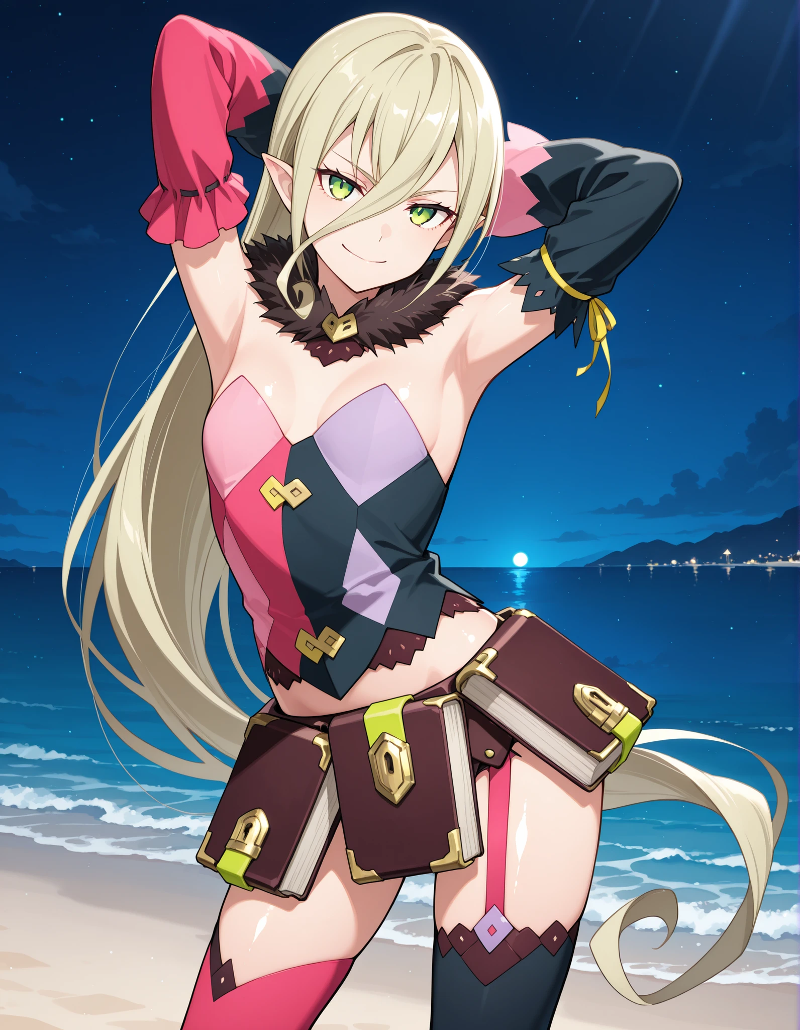 M4gil0u, green eyes, pointy ears, blonde hair, very long hair, hair between eyes, fur collar, multicolored vest, strapless, detached sleeves, mismatched sleeves, book skirt, asymmetrical legwear, thighhighs, garter straps, anime screenshot, shiny skin, high quality, solo, night sky, beach, hands behind head, ((contrapposto)), closed mouth, cowboy shot, looking at viewer, smile, best quality