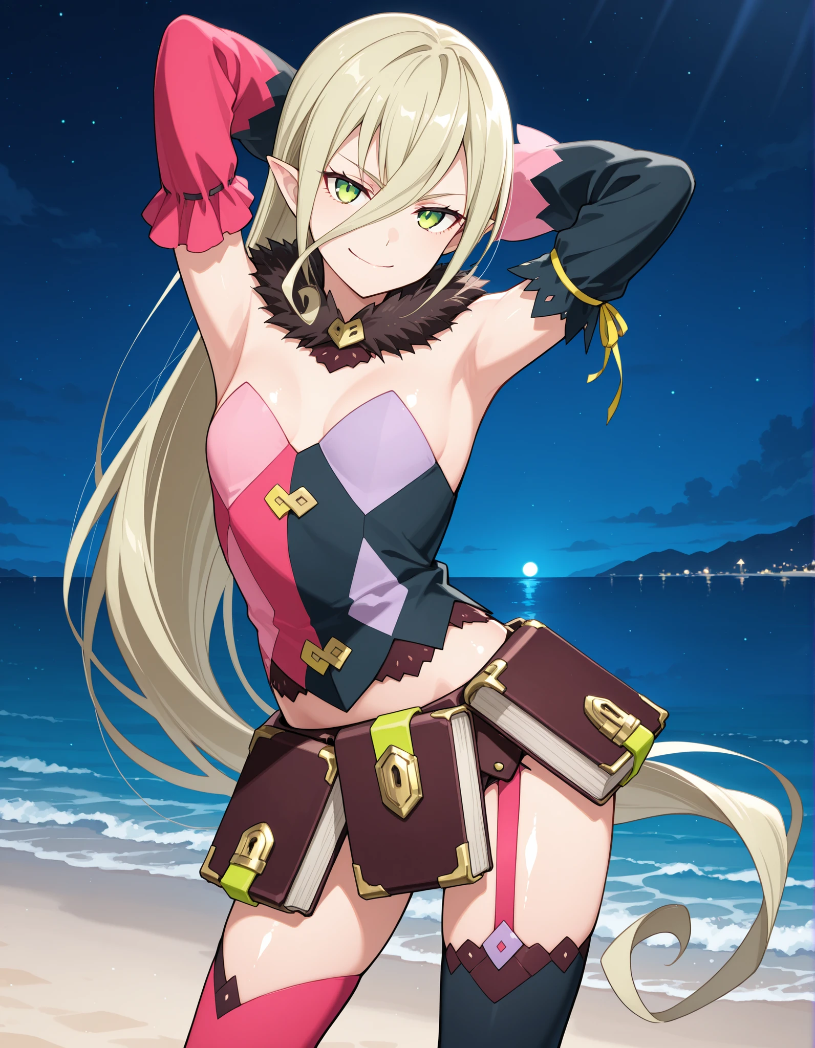 M4gil0u, green eyes, pointy ears, blonde hair, very long hair, hair between eyes, fur collar, multicolored vest, strapless, detached sleeves, mismatched sleeves, book skirt, asymmetrical legwear, thighhighs, garter straps, anime screenshot, shiny skin, high quality, solo, night sky, beach, hands behind head, ((contrapposto)), closed mouth, cowboy shot, looking at viewer, smile, best quality