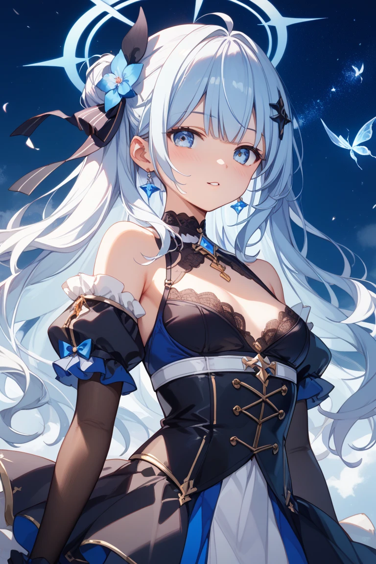 ((highest quality)), ((masterpiece)), (detailed), Perfect Face ,masterpiece, best quality, extremely detailed, anime, girl, blue eyes, silver hair, 8K, 4K,twintail,colorful,Wedding dress,big breast,expressive eyes,perfect face, moe, kawaii,cute,eye focus, spectacular view, (kemomimi), expressionless,diamond shaped eyes ,church, non, side view, starry sky,arm behind back