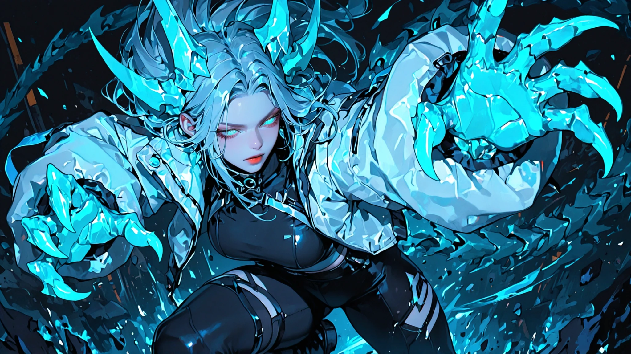 Girl, light jacket, neon, adamantine claw, glowing claw, dynamic pose, action, tight shot