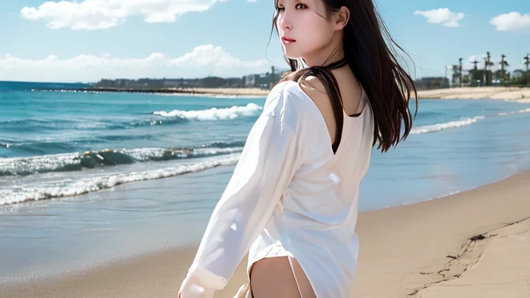 a woman not wearing a busan was sitting on the edge of the beach