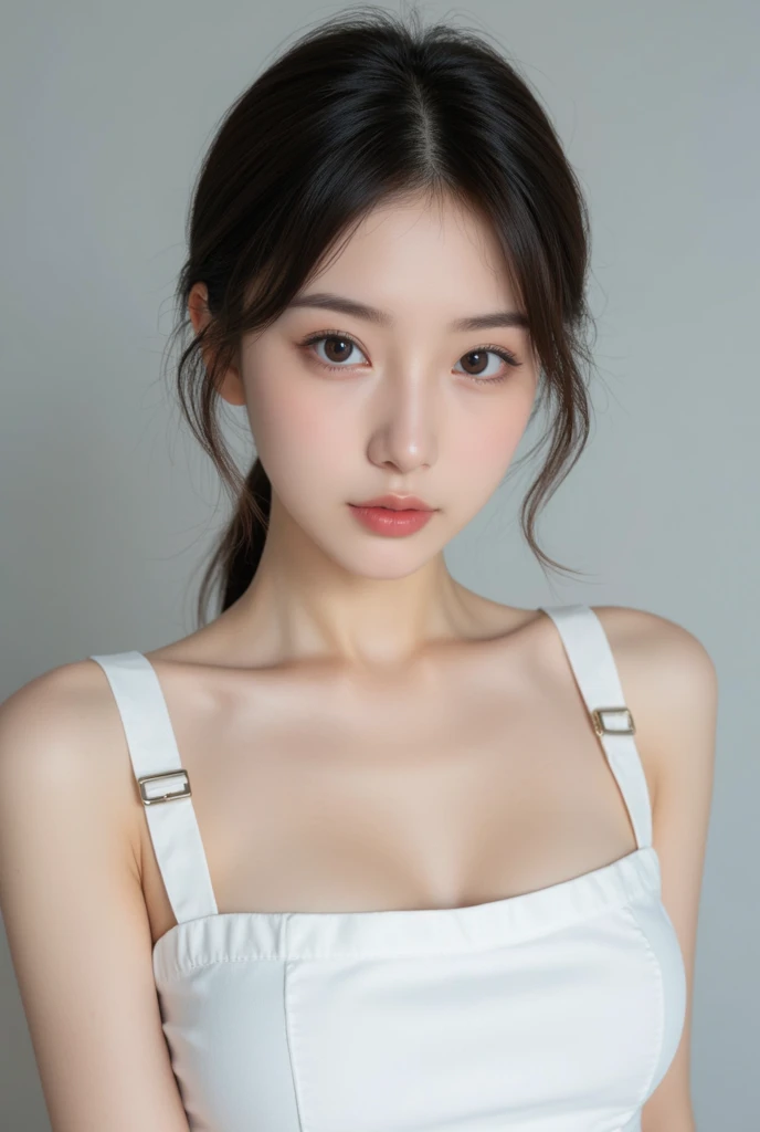best quailty，​masterpiece，Super-High Resolution，（realisticlying：1.4），OriginalPhoto，Wallpapers，photo of head，Delicate skin，simplebackground，Black eyes，the detail，cleavage selfie， 1个Giant Breast Girl，age 18，light wind，sun beam，‎Classroom，doubt，lovly，Single ponytail hairstyle