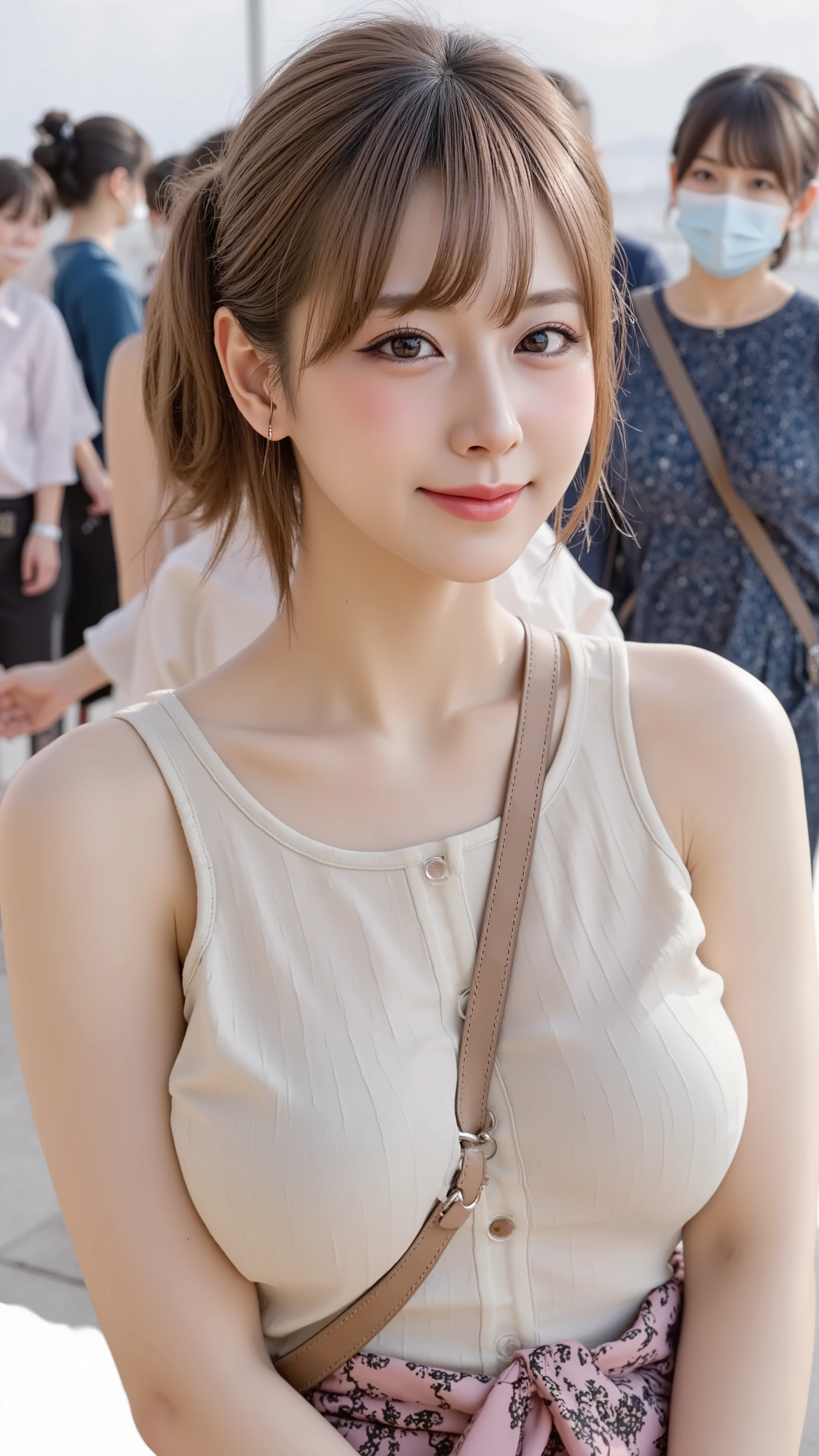 A photorealistic image of a Japanese woman meeting her lover at a busy train station in Japan during summer. The station is bustling with people. The woman has short hair, with one side tucked behind her ear, where she wears a silver earring. She is wearing round-rimmed glasses. Her skin is fair and translucent, giving her a clean and mysterious appearance, like someone from a cosmetics commercial. She is dressed in a summery outfit: a frilled blouse and a long flowing skirt. She carries a shoulder bag worn diagonally across her body, with the strap running between her chest. She smiles with relief and happiness as she sees her lover arrive. The image is composed from the front, capturing the emotional moment and the vibrant atmosphere of the station.