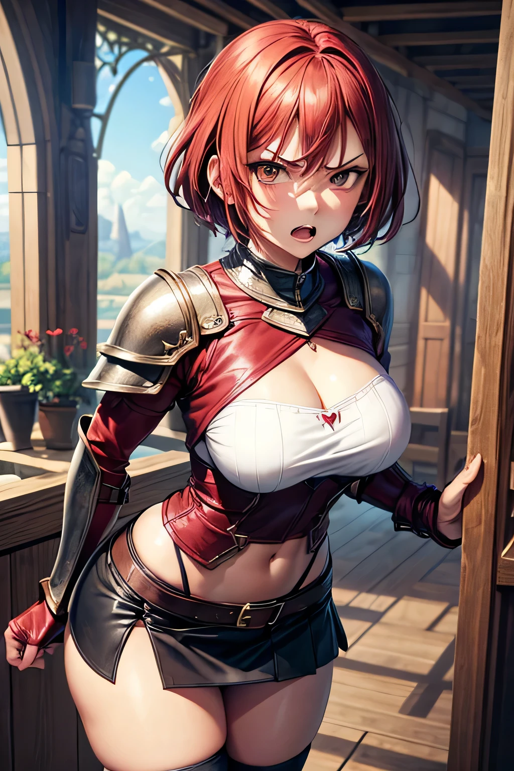top-quality、Full limbs、complete fingers、one beautiful women、Beautiful Large Breasts、Medium short hair、straight haired、Red hair、(red high neck leotard:1.3)、(Brown pantyhose)、((sacred place))、Woman knight、((Western armor、gauntlets、a belt、breastplates、Shin pads))、Red cloak