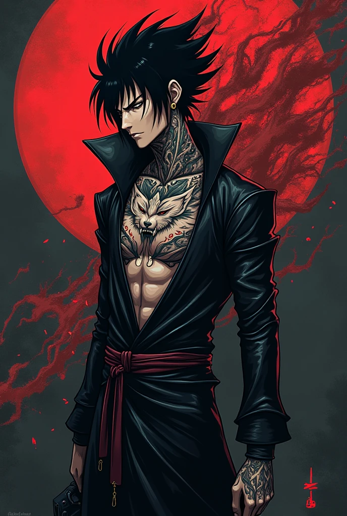Character with tattoos on his face with a long sword on fire, with a black hole behind