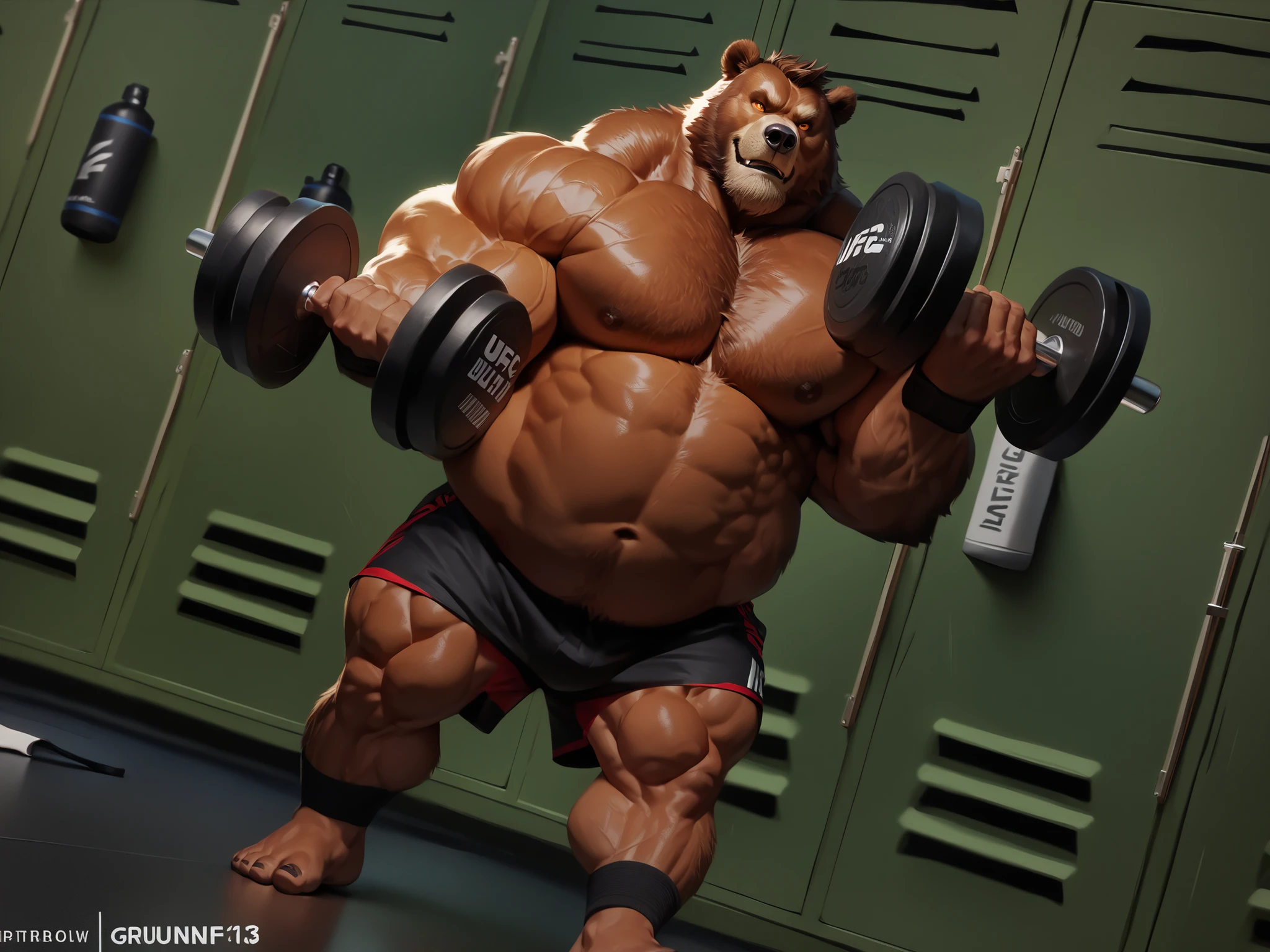 (best quality, 4k, highres, masterpiece:1.2), 1bear, 1boy, ultra-detailed, fury, furry art (realistic, photorealistic, photo-realistic:1.37), massive muscular, huge muscular, chubby Grizzly bear, working out, deadlifts, workout in the gym, pumping his huge muscles, straining, sweating, black shorts and black wristbands, lifting heaviest weight, barbells, gym equipments, brown hair, thick brown fur, super thick arms, super big pectoral, super wide hairy pectoral, topless, shirtless, eyebrows, impressive brown beard, strong jawline, kind eyes, strong arms, proud posture, well-built physique, professional lighting and backdrop, intense shadows, vibrant colors, dramatic composition, gritty texture, vintage aesthetic, dynamic perspective. Add textures and details to make the image more realistic, such as the appearance of the body built muscles texture and the appearance of the brown fur,