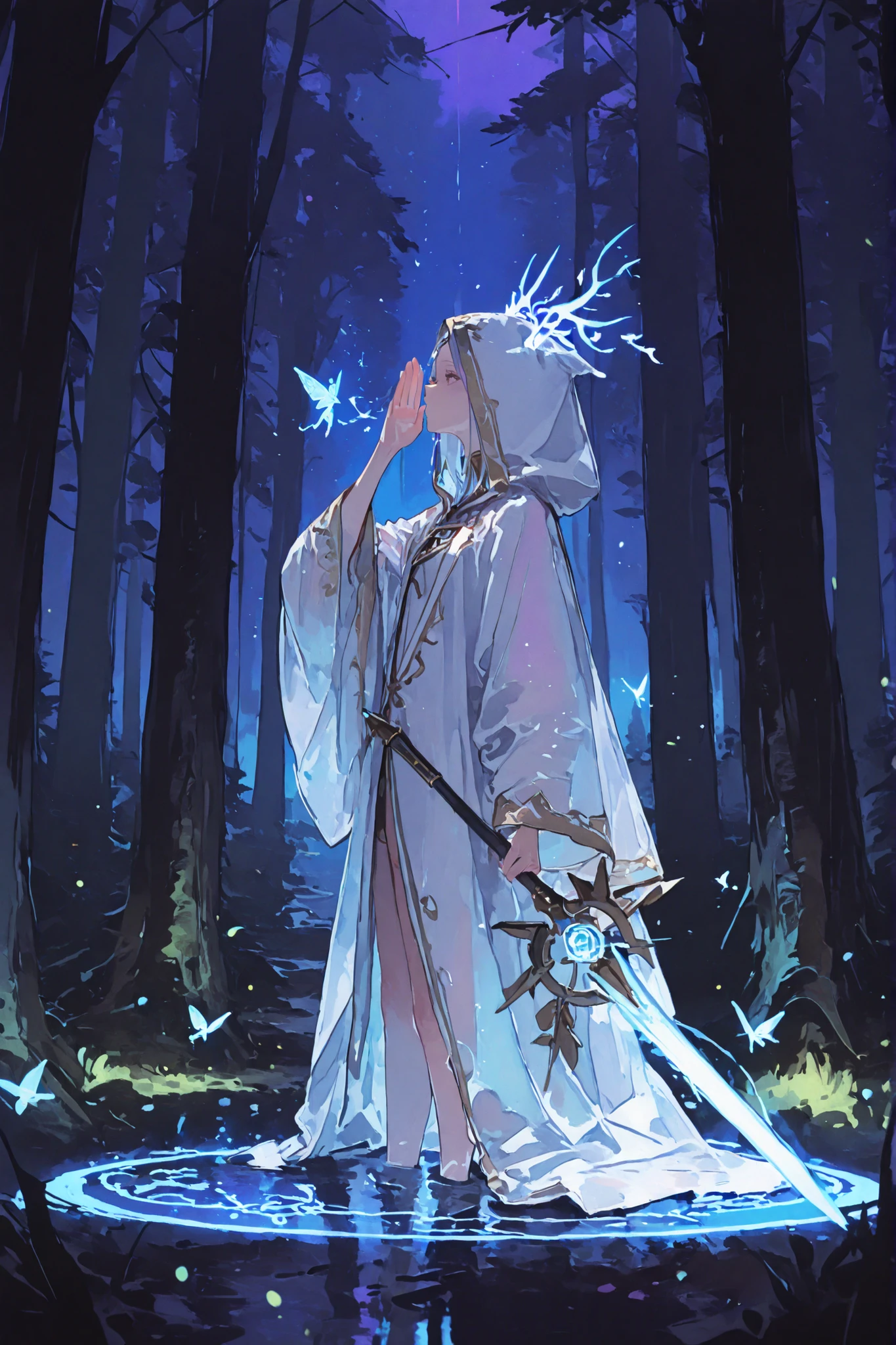 점수_9, 점수_8_위로, 점수_7_위로, Solo, Watercolor, (master piece), handsome, best quality, perfect face, In a mystical forest at night, small glowing fairies the size of fireflies or butterflies flutter gently around. Their bodies are tiny specks of light with faint wing outlines, casting soft glows. Around them, a group of hooded wizards in dark, flowing robes stand in a ritual circle, holding staffs and whispering incantations. The forest is dense with tall ancient trees, soft blue and purple moonlight filtering through the canopy. Mist rolls across the mossy ground, and magical particles float in the air. Highly detailed, high fantasy atmosphere, cinematic lighting, mysterious and enchanting.