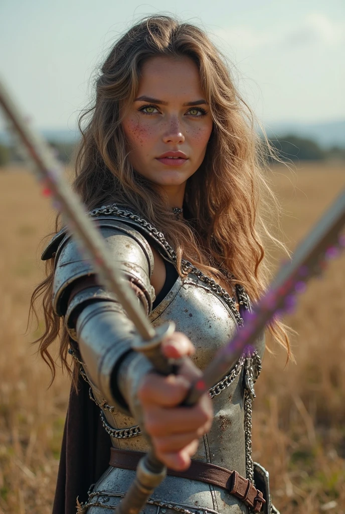 tmasterpiece,best qualtiy,hyper HD, 8K,Bokeh,Ultra-fine painting,Sharp focus,Physically-based rendering,Extreme detail description,1 female paladin,Raised sexy,ride horse,Wear a long sword,Light silver armor,(Richly decorated armor:1.5),(The print pattern is delicate and beautiful:1.5),red brown hair,Long, Thick braids,A detailed eye,Straight nose,perfect bodies,(Battlefield fighting:1.5),Gunsmoke fills,Smoke billowed out,Flames lit up the sky,scorch,