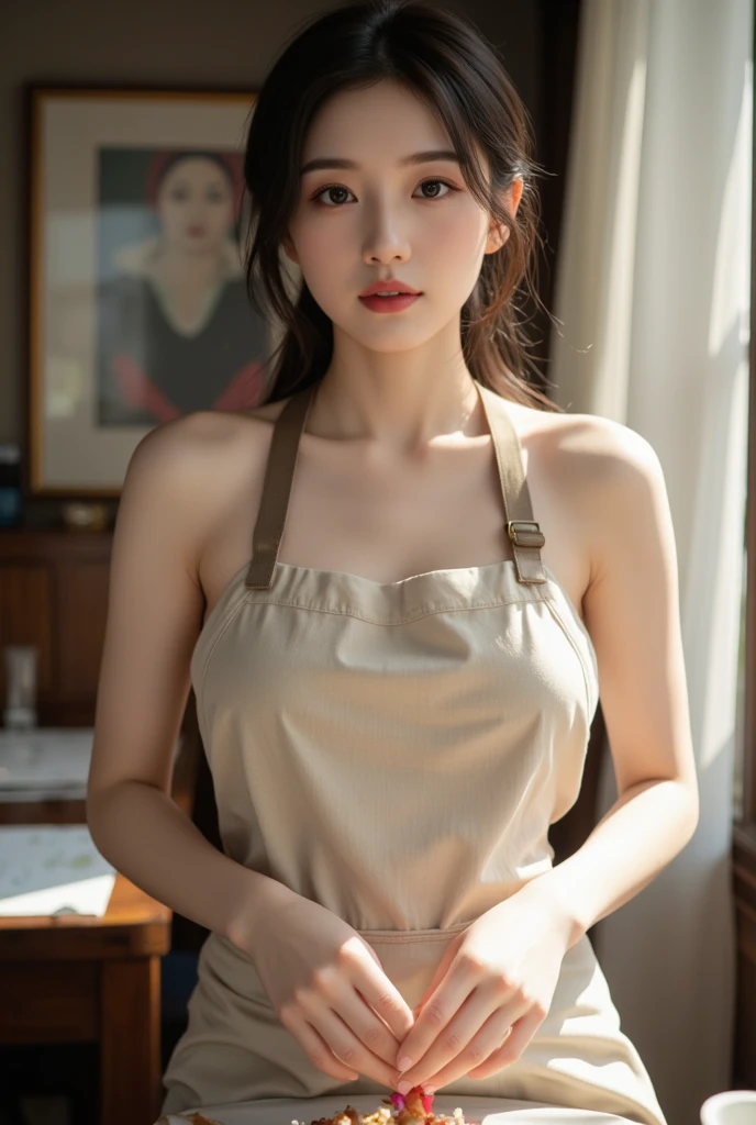 (((best quality))),(((ultra detailed))),(((masterpiece))),illustration, 1girl,female butcher,solo,slim,thin,small breasts,flat chest,(apron covered in greasy stains:1.3), plainradiant face, hint of smile,standing,arms behind back,gentle and innocent nature,spacious warehouse, (The room was full filled with fresh meat:1.5), stark white walls, contrasting red and pink hues, Calm and composure, sense of warmth and humanity, natural lighting, sunlight, silhouette, delicate frame, graceful posture, unique and intriguing moment, resilience and adaptability of the human spirit,indoor,((upper body,from front))