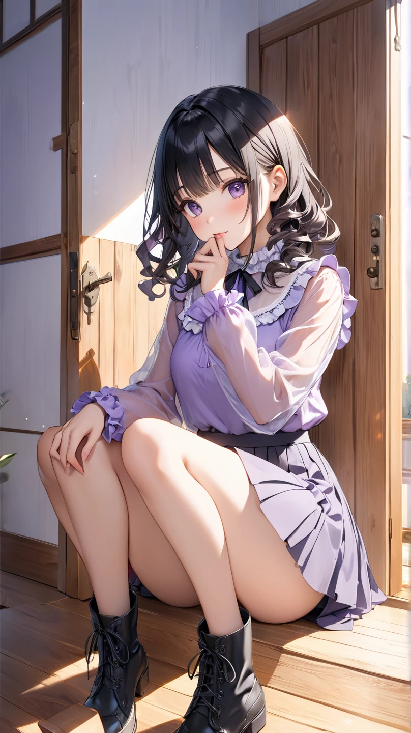 Masterpiece, girl, solo, hair tied up, (black hair with white highlights:1.5), dark purple eyes, tiny boobs, small boobs, pointy breasts, [pink panties], shirt, oversized shirt, baggy shirt, shirt shaping breasts, shirt covering panties, [nipple], modern house, (living room), couch, sitting on the couch, front, holding cup of coffee, smelling cup of coffee, eyes closed, smiling, relaxing, calm and comfortable girl at home, lewd image, vulgar image,