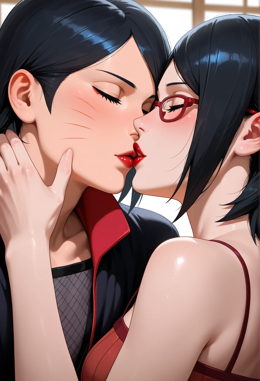 Two sexy women,lying on top of each other,missionary posiçao,hugging,with short hair,glowing red eyes,tight black pants,ssmile,kiss