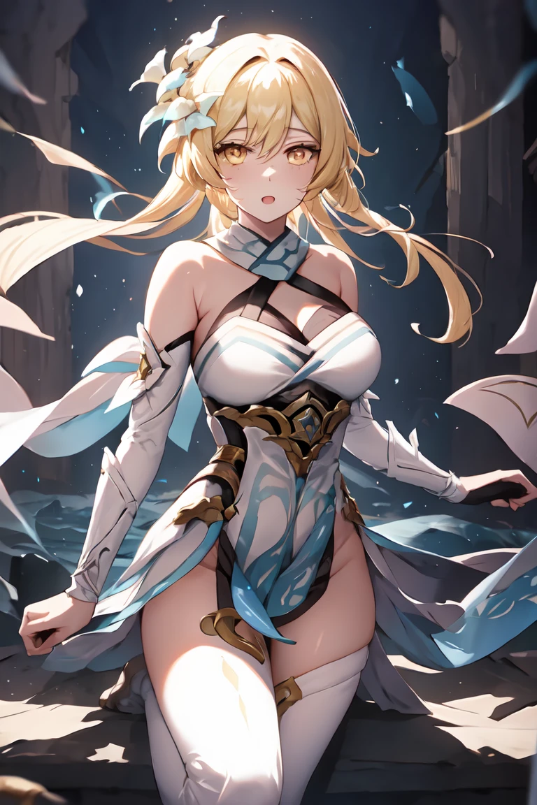 masterpiece, best quality, very aesthetic, absurdres, 1girl, mature_lady, Mummy_clothes, bandage_clothes, bandaged_chest, bandaged_fingers, bandaged_hand, bandaged_head, bandaged_neck, bandaged_thighs, bandaged_pants, bandages cover body, ,lumine_(genshin_impact), genshin_impact, blonde_hair, short_hair_with_long_locks, sidelocks, yellow_eyes, hair_flower, hair_ornament, flower, white_flower,,in balcony,floating_hair