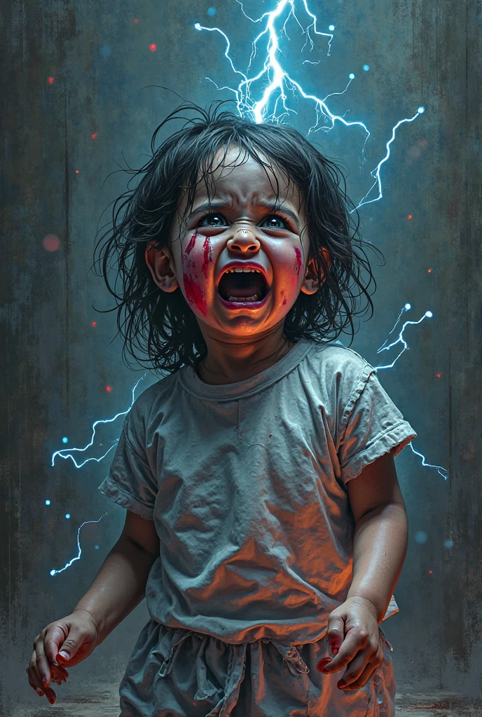 A closeup of a child with a lightning bolt in the background, splashes of lightning behind her, little girl with magical powers, she is attracting lightnings, cabelos eletrificados, lightning fantasy magic, cinematic lightning and colors, eletrizante, efeitos de raios, amazing lightning art, electric hair, with lightning bolts, lightning master, maya ali as a lightning mage, cinematic colorful lightning
