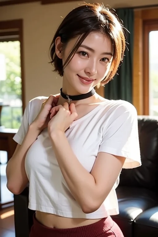 Highest quality、8k、 compensate、masterpiece、アなphotograph、Ultra-high resolution、Realistic、Professional Lighting、Natural light、photograph、smile、Ultra slim、Delicate body、Very cute girl、beautiful girl、The cutest Yua Mikami、Idle class、White skin、(Small breasts、Flat Chest)、Berry Short Cut、Light whiteTPut on a shirt:1.8、(Lean forward:1.6)、Her cleavage is visible:1.6