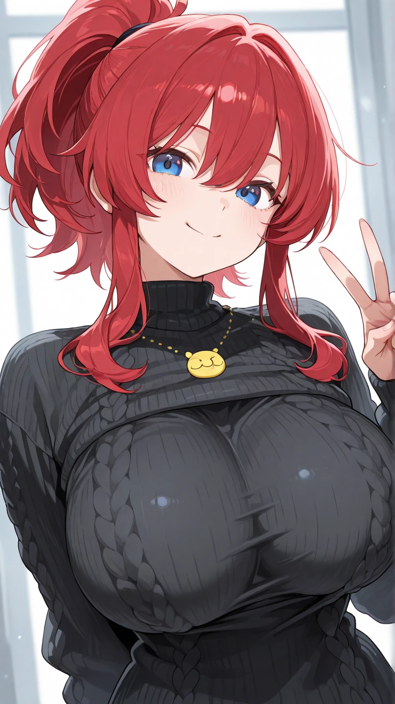 1 girl, redhead, Messy Full Fringe Hairstyle , blue eyes,shaped pupils, good sized breast,cute,smile,Happy,heavy breathing,trembling,put your hand on your face,tight black hoodie, choker, slightly chubby, thick thighs